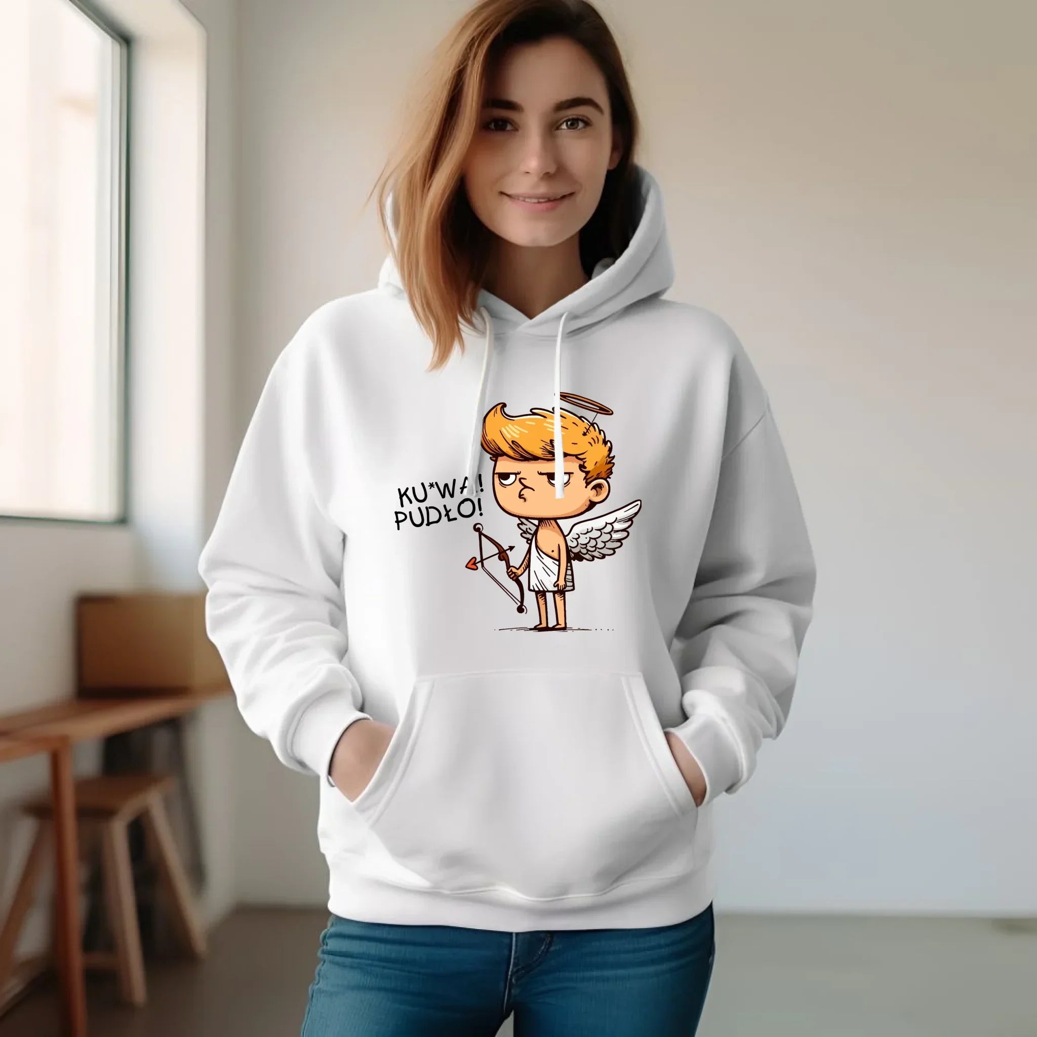 Bluza damska z kapturem - Aniołek z łukiem ku*wa pudło - bez cenzury W56 - StoryCups.pl