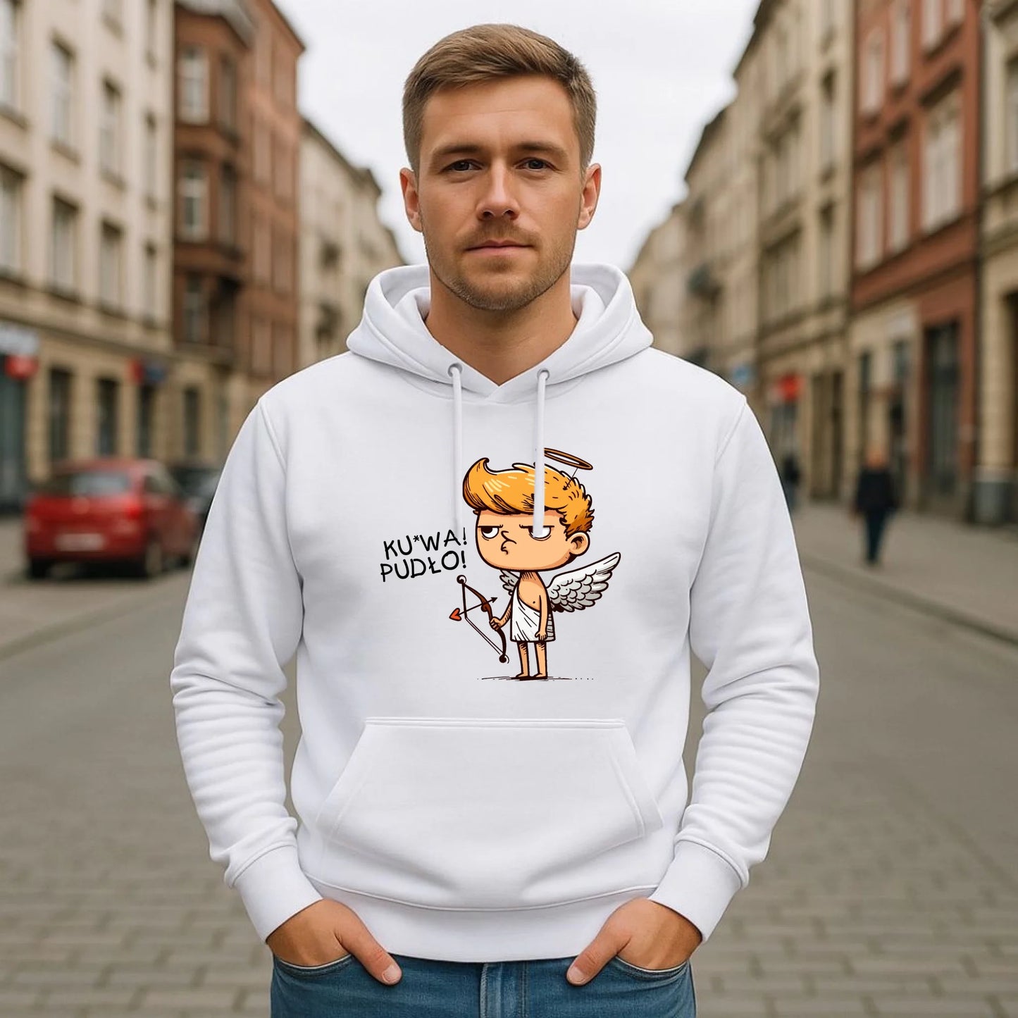 Bluza męska z kapturem - Aniołek z łukiem ku*wa pudło - bez cenzury W56 - StoryCups.pl