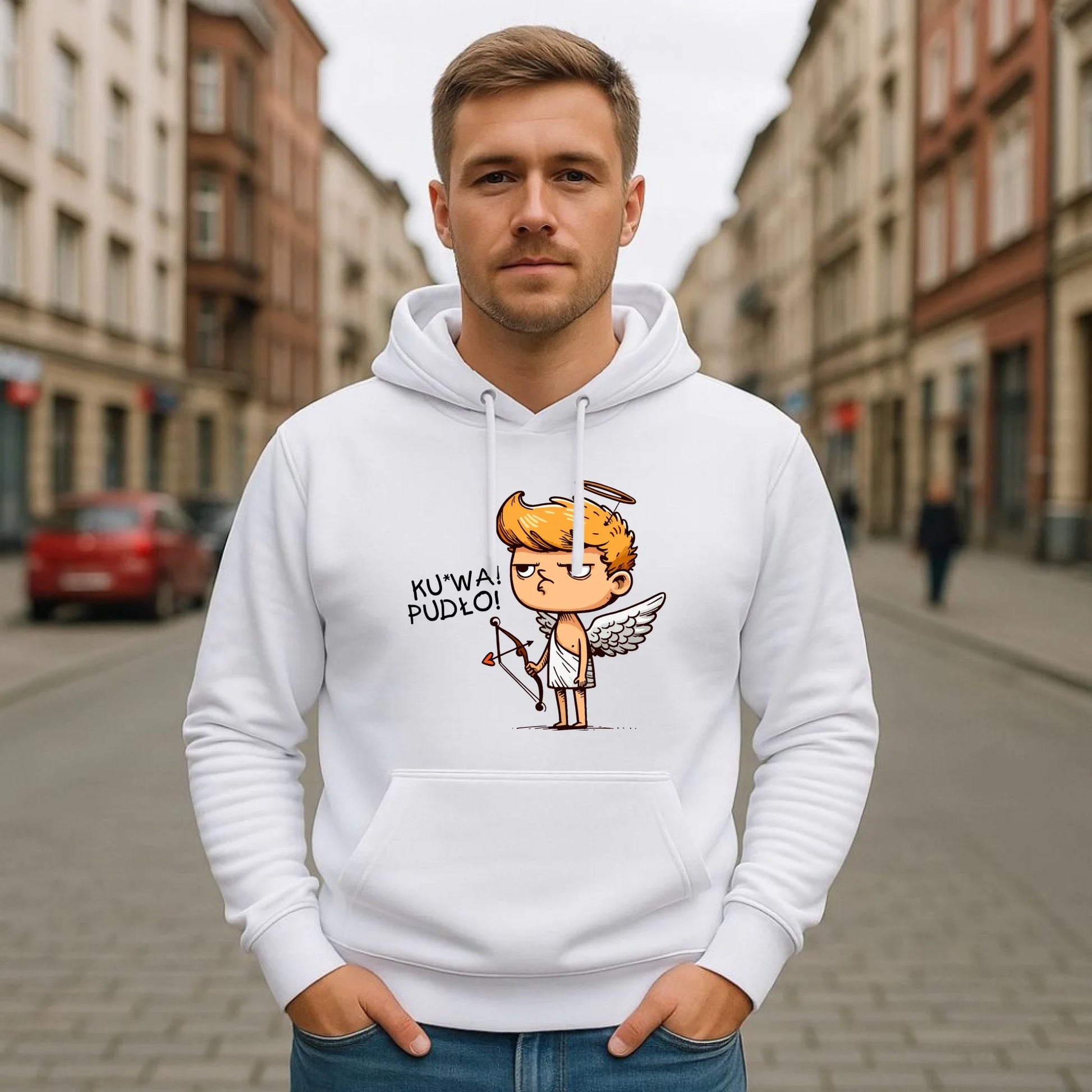 Bluza męska z kapturem - Aniołek z łukiem ku*wa pudło - bez cenzury W56 - StoryCups.pl