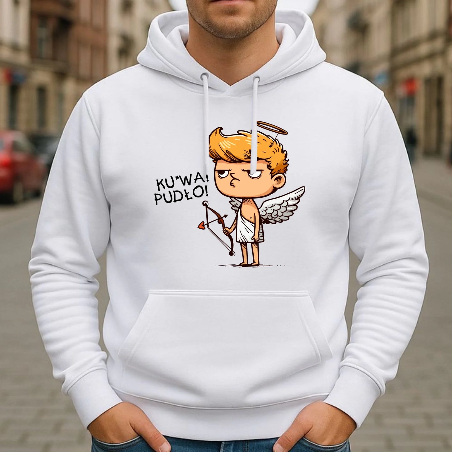 Bluza męska z kapturem - Aniołek z łukiem ku*wa pudło - bez cenzury W56 - StoryCups.pl