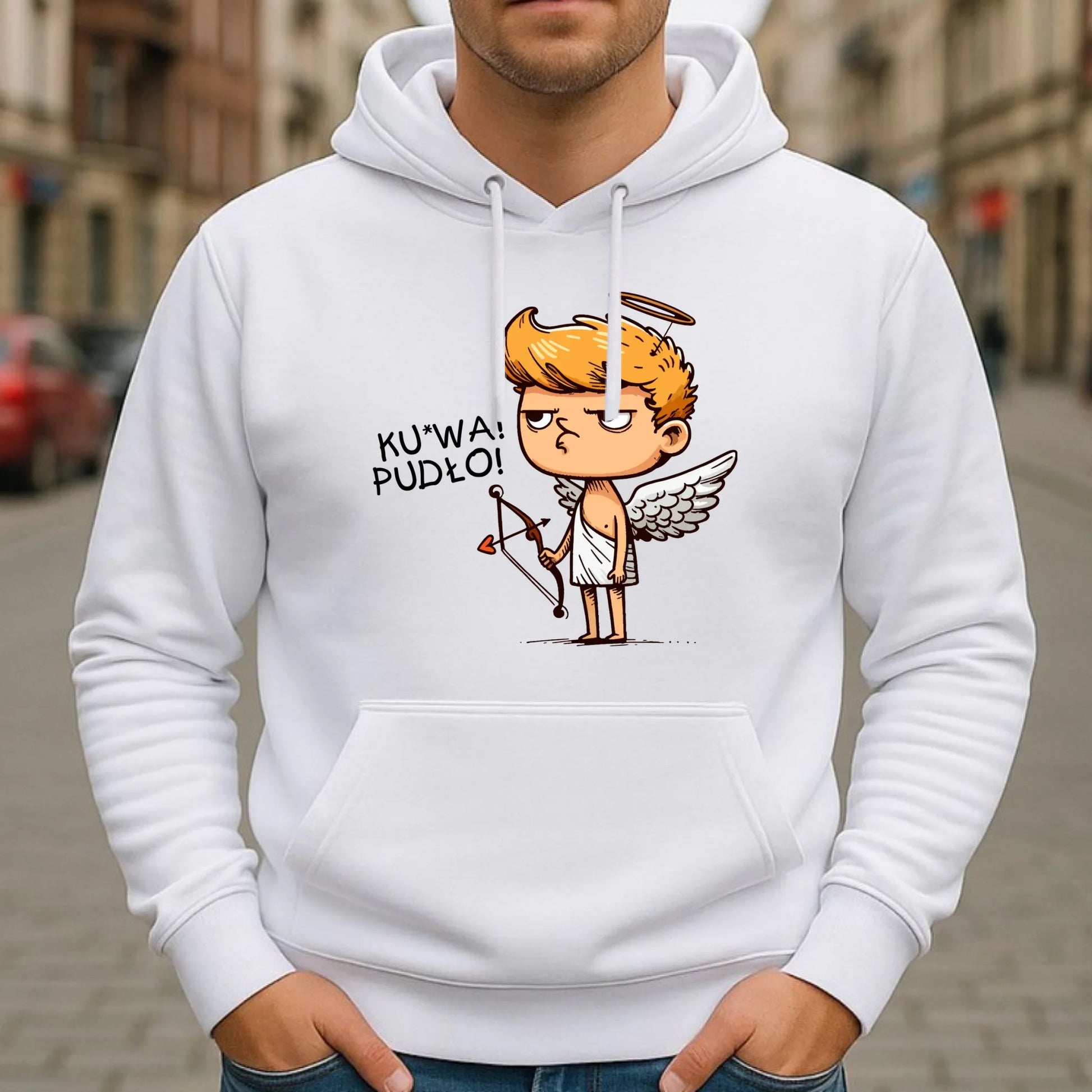 Bluza męska z kapturem - Aniołek z łukiem ku*wa pudło - bez cenzury W56 - StoryCups.pl
