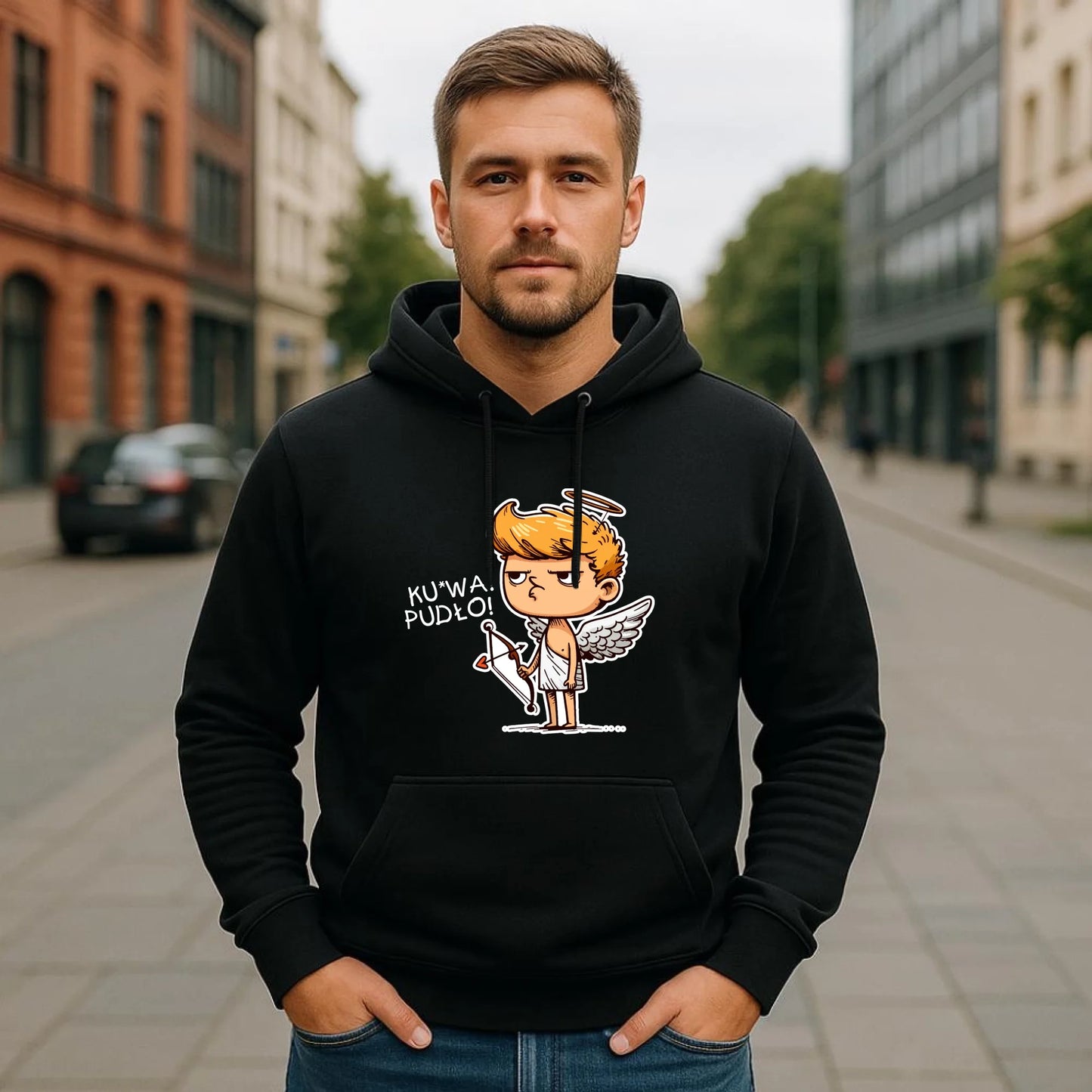 Bluza męska z kapturem - Aniołek z łukiem ku*wa pudło - bez cenzury W56 - StoryCups.pl