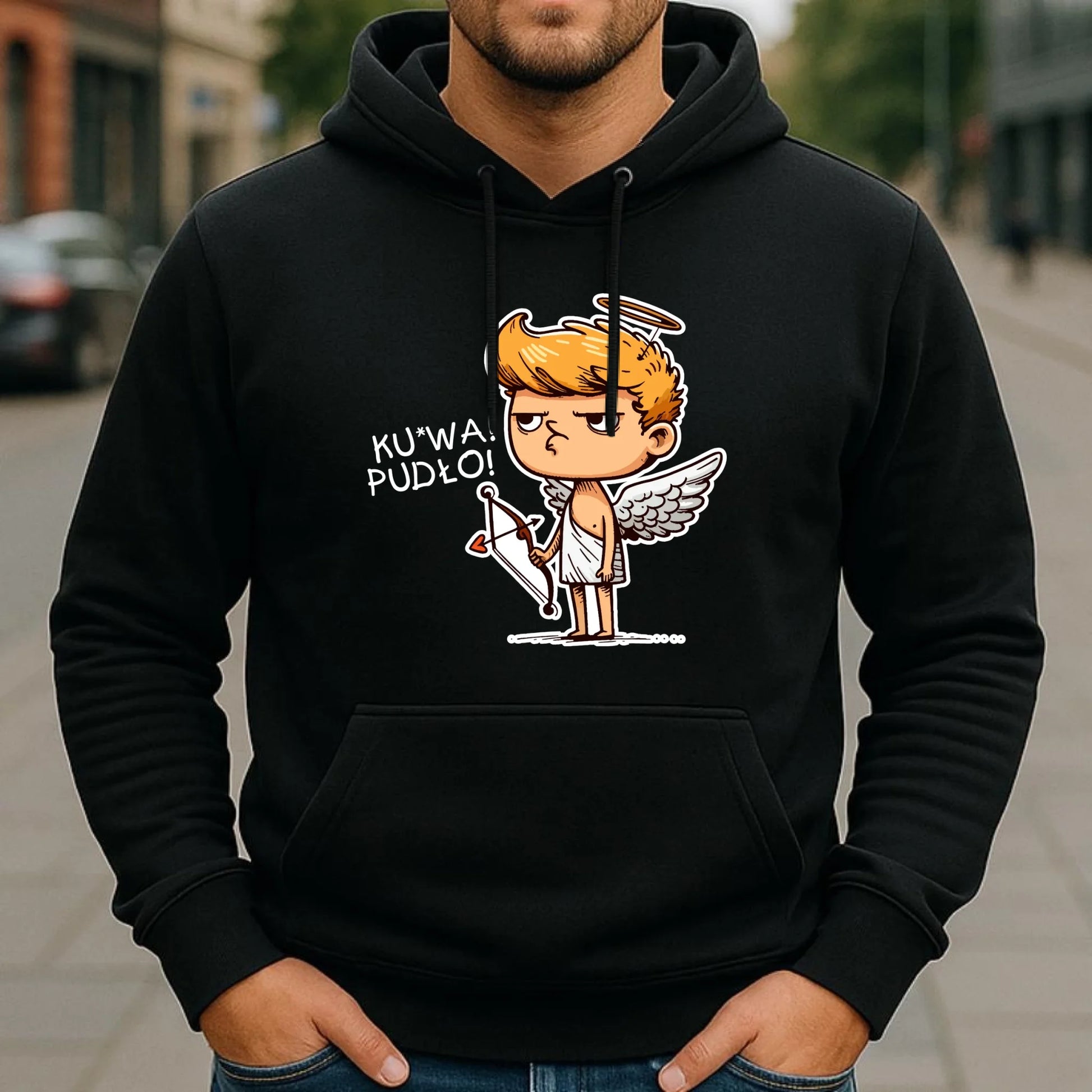 Bluza męska z kapturem - Aniołek z łukiem ku*wa pudło - bez cenzury W56 - StoryCups.pl