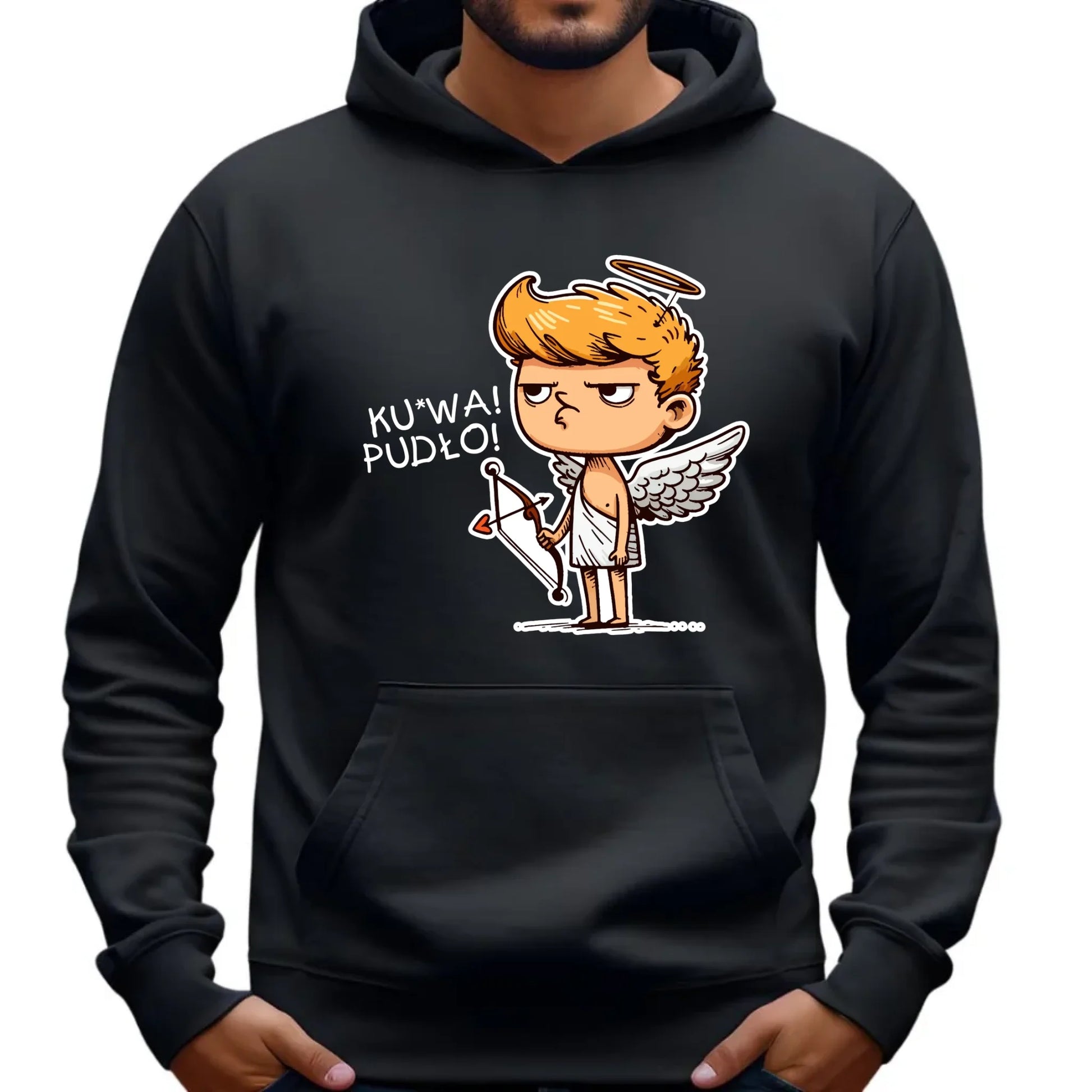 Bluza męska z kapturem - Aniołek z łukiem ku*wa pudło - bez cenzury W56 - StoryCups.pl