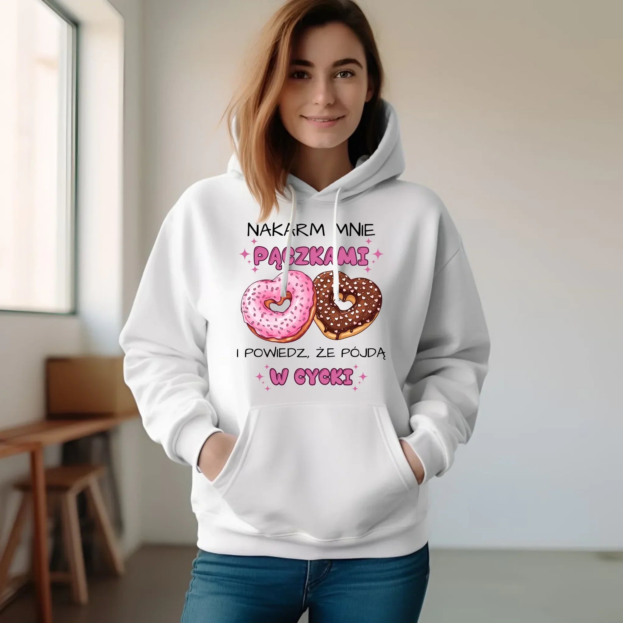 Bluza damska z kapturem - Nakarm mnie pączkami W59 - StoryCups.pl