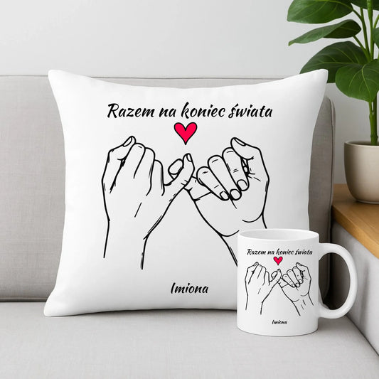 Zestaw poduszka i kubek dla par - Razem na koniec świata - personalizowany W60 - StoryCups.pl