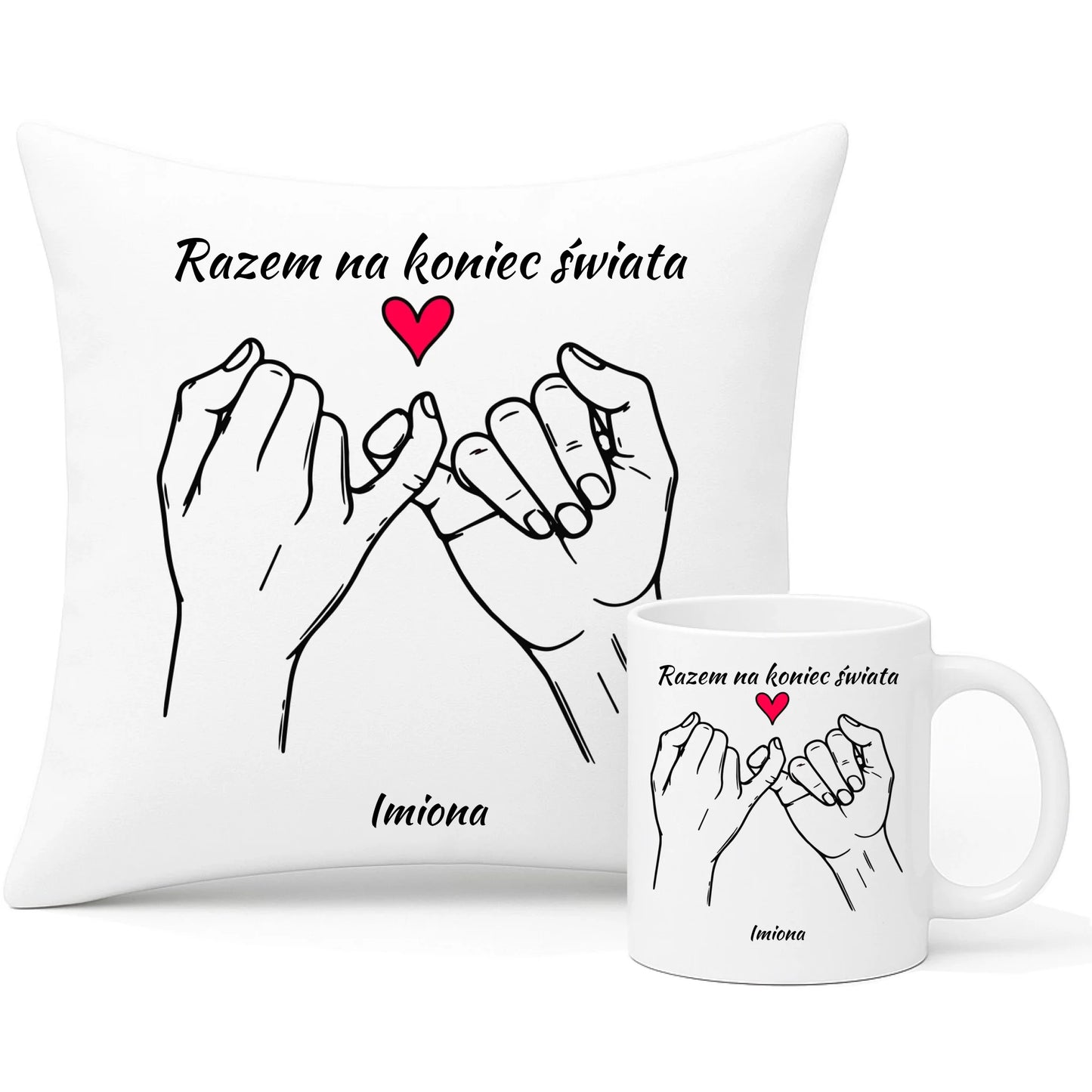 Zestaw poduszka i kubek dla par - Razem na koniec świata - personalizowany W60 - StoryCups.pl
