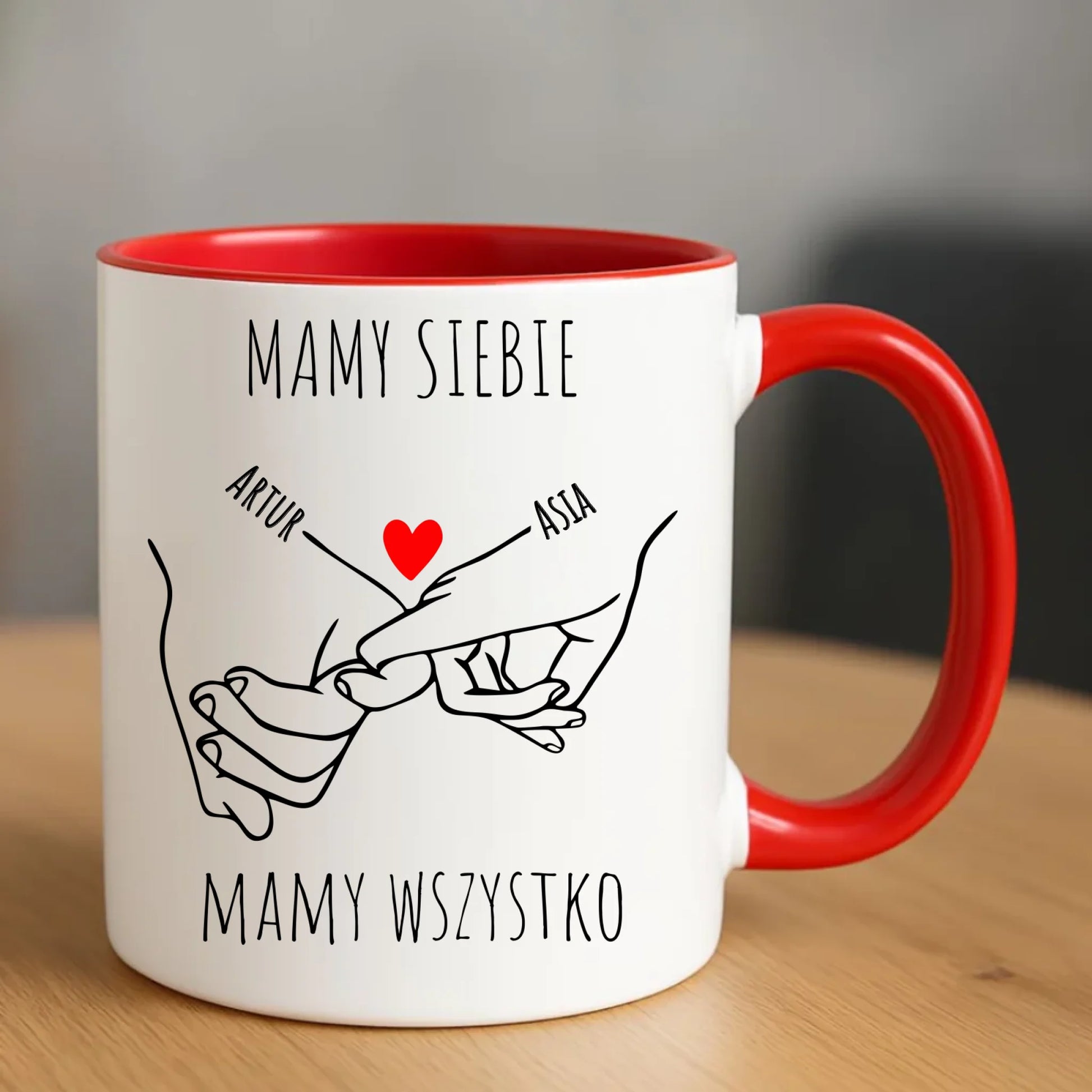 Kubek dla par - Zaplecione ręce mamy siebie mamy wszystko - personalizowany W63 - StoryCups.pl