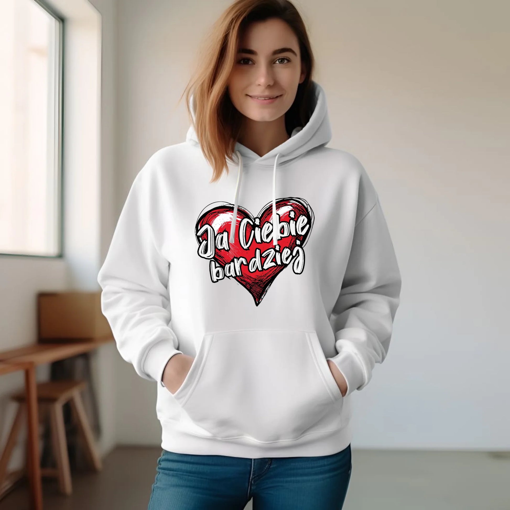 Bluza damska z kapturem - Serce Ja Ciebie bardziej W84 - StoryCups.pl