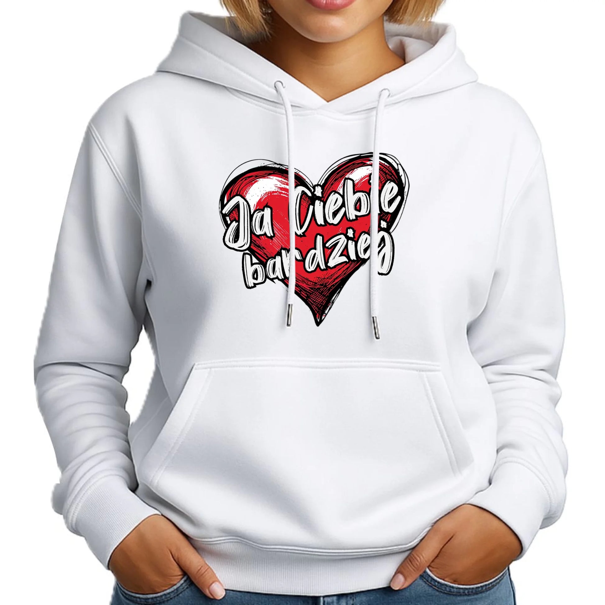 Bluza damska z kapturem - Serce Ja Ciebie bardziej W84 - StoryCups.pl