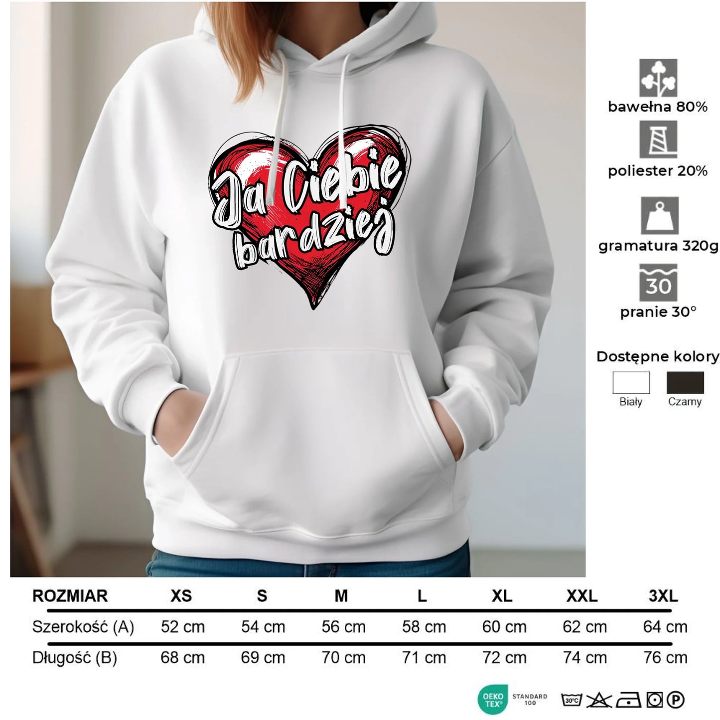 Bluza damska z kapturem - Serce Ja Ciebie bardziej W84 - StoryCups.pl