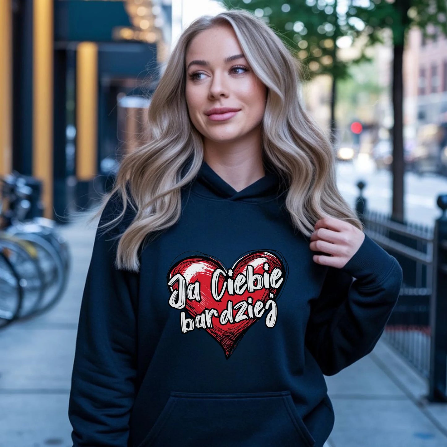 Bluza damska z kapturem - Serce Ja Ciebie bardziej W84 - StoryCups.pl