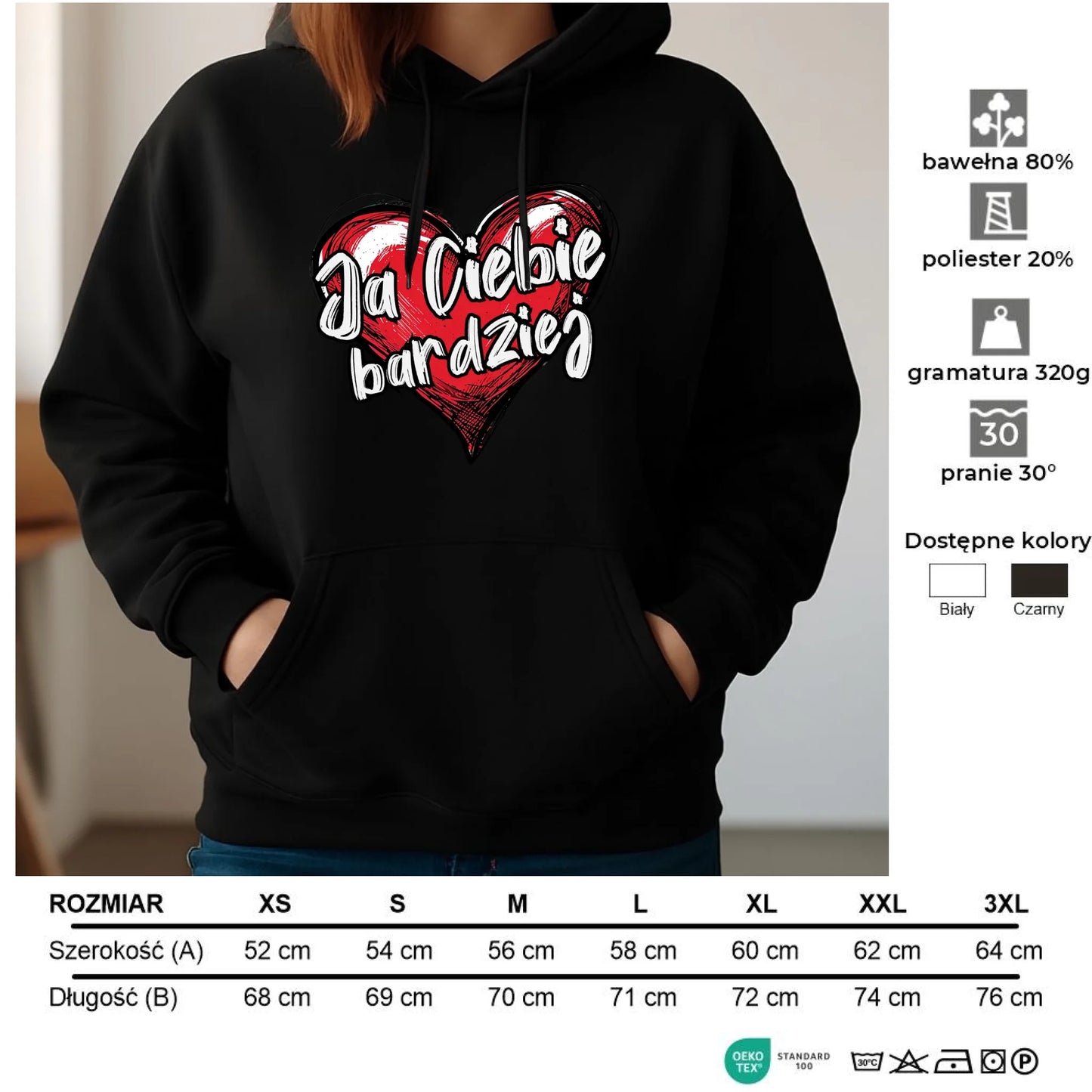 Bluza damska z kapturem - Serce Ja Ciebie bardziej W84 - StoryCups.pl