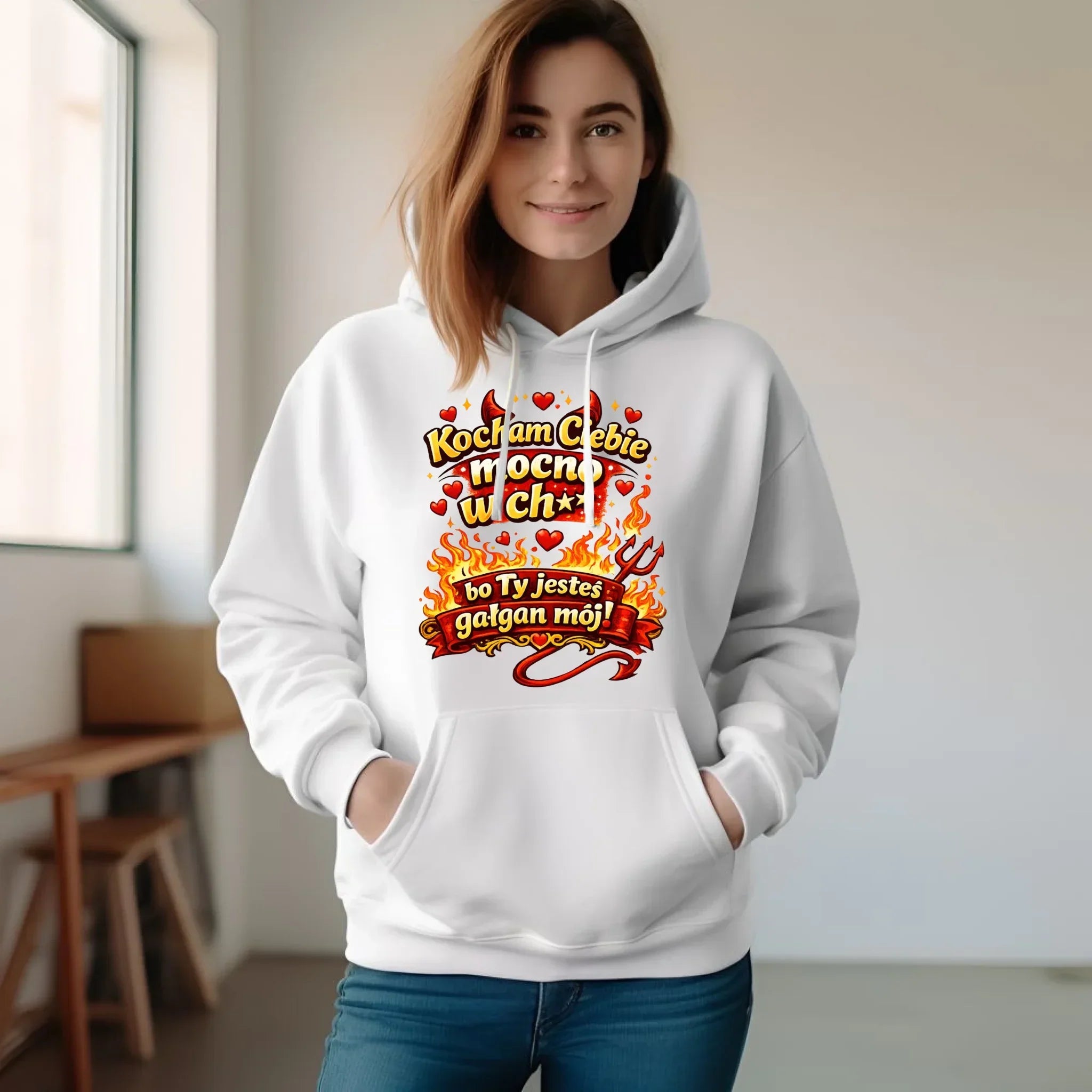 Bluza damska z kapturem - Kocham Ciebie mocno w ch** bo Ty jesteś gałgan mój W82 - StoryCups.pl