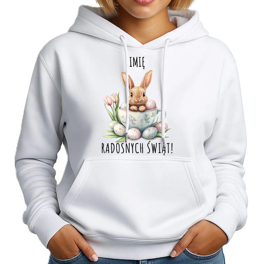 Bluza damska z kapturem na Wielkanoc - Zajączek radosnych świąt - personalizowana WN01 - StoryCups.pl