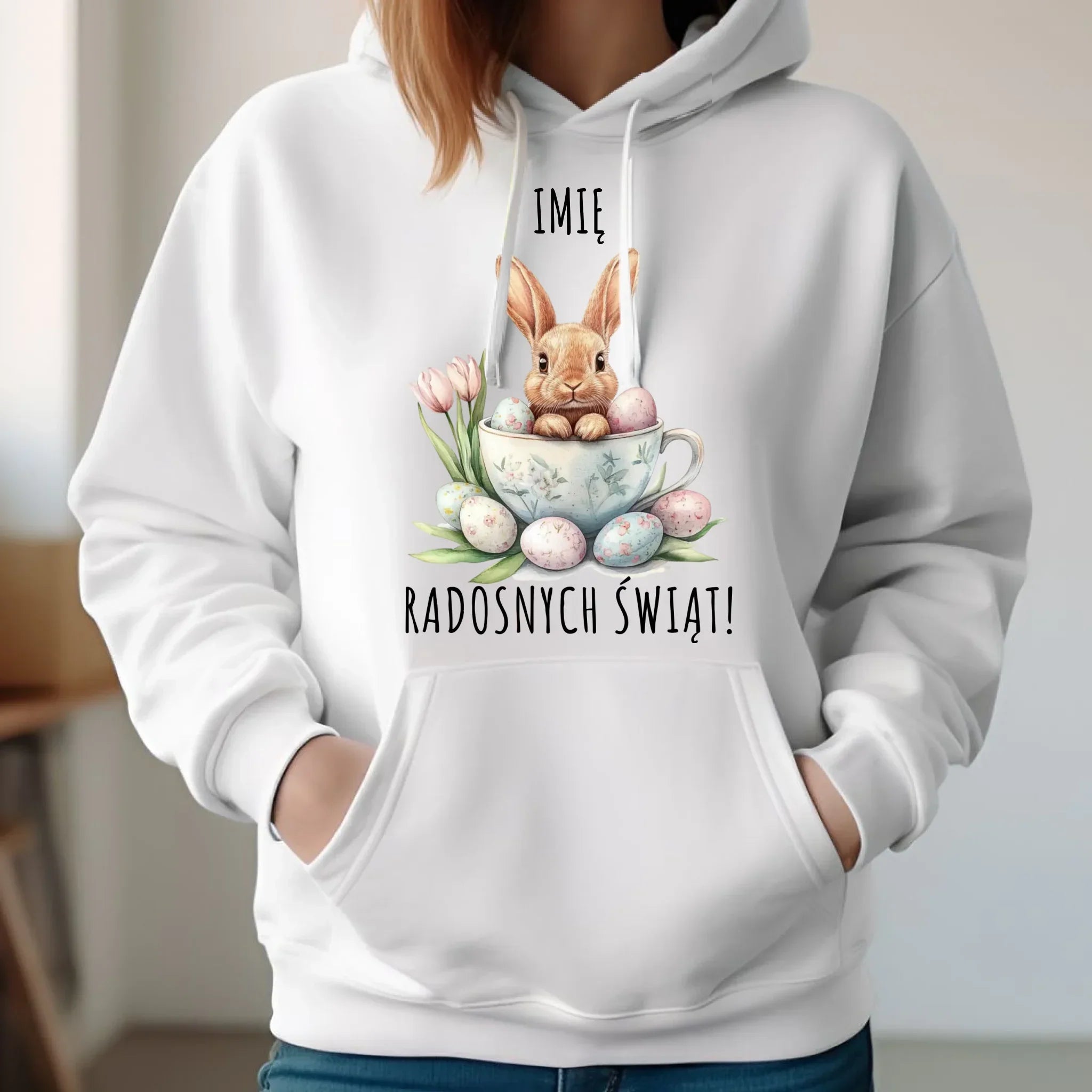 Bluza damska z kapturem na Wielkanoc - Zajączek radosnych świąt - personalizowana WN01 - StoryCups.pl