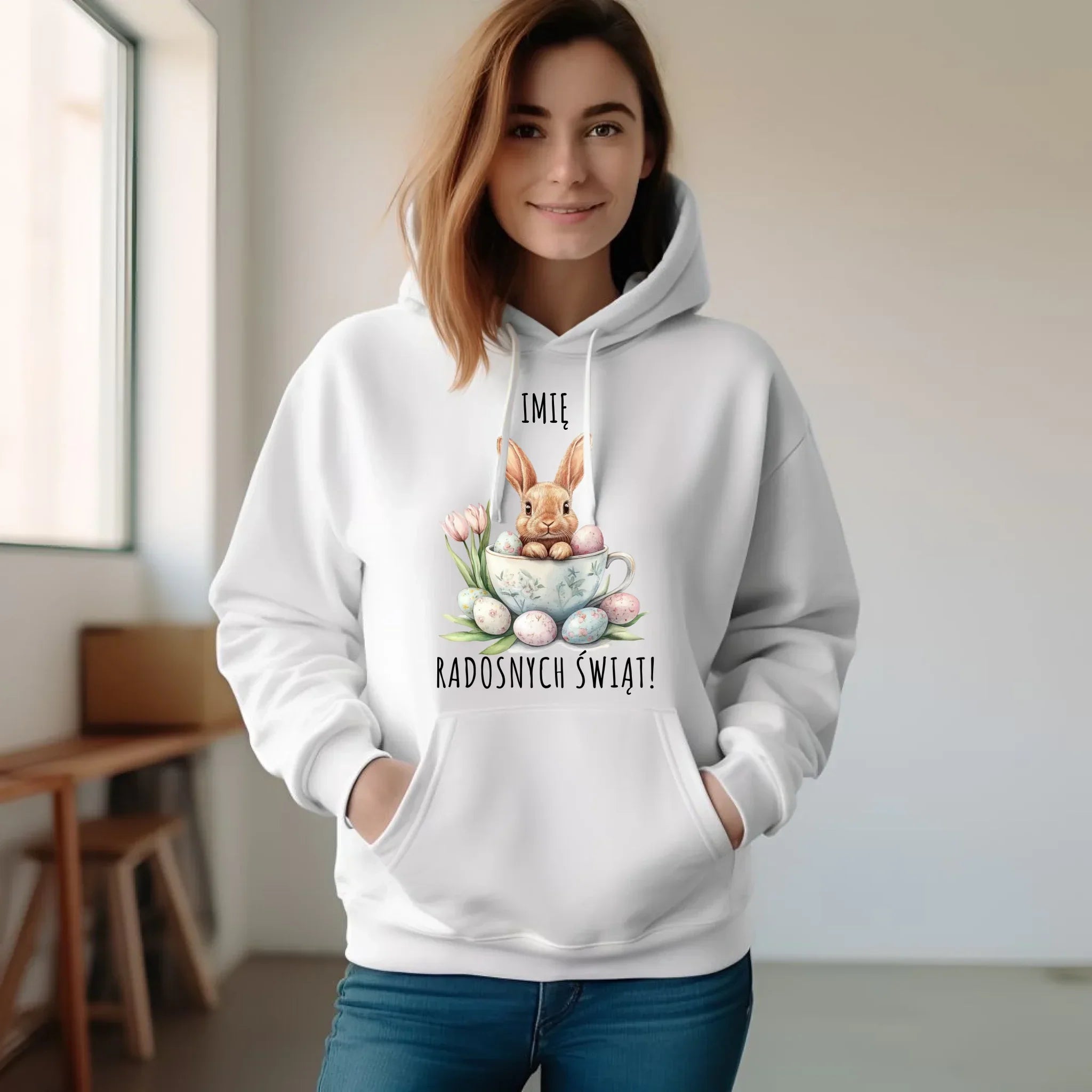 Bluza damska z kapturem na Wielkanoc - Zajączek radosnych świąt - personalizowana WN01 - StoryCups.pl