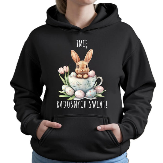 Bluza damska z kapturem na Wielkanoc - Zajączek radosnych świąt - personalizowana WN01 - StoryCups.pl