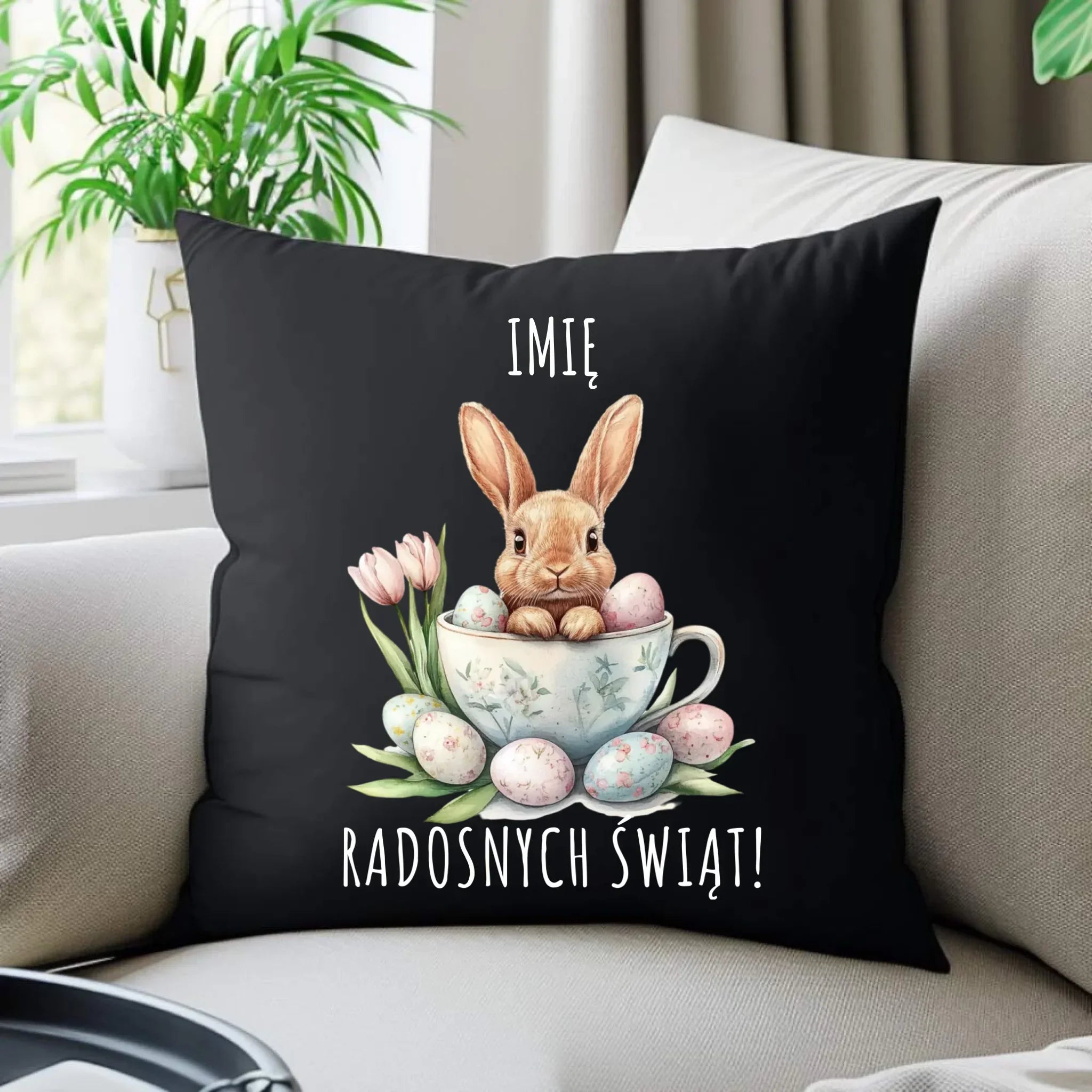 Poduszka dekoracyjna na Wielkanoc - Zajączek radosnych świąt - personalizowana WN01 - StoryCups.pl
