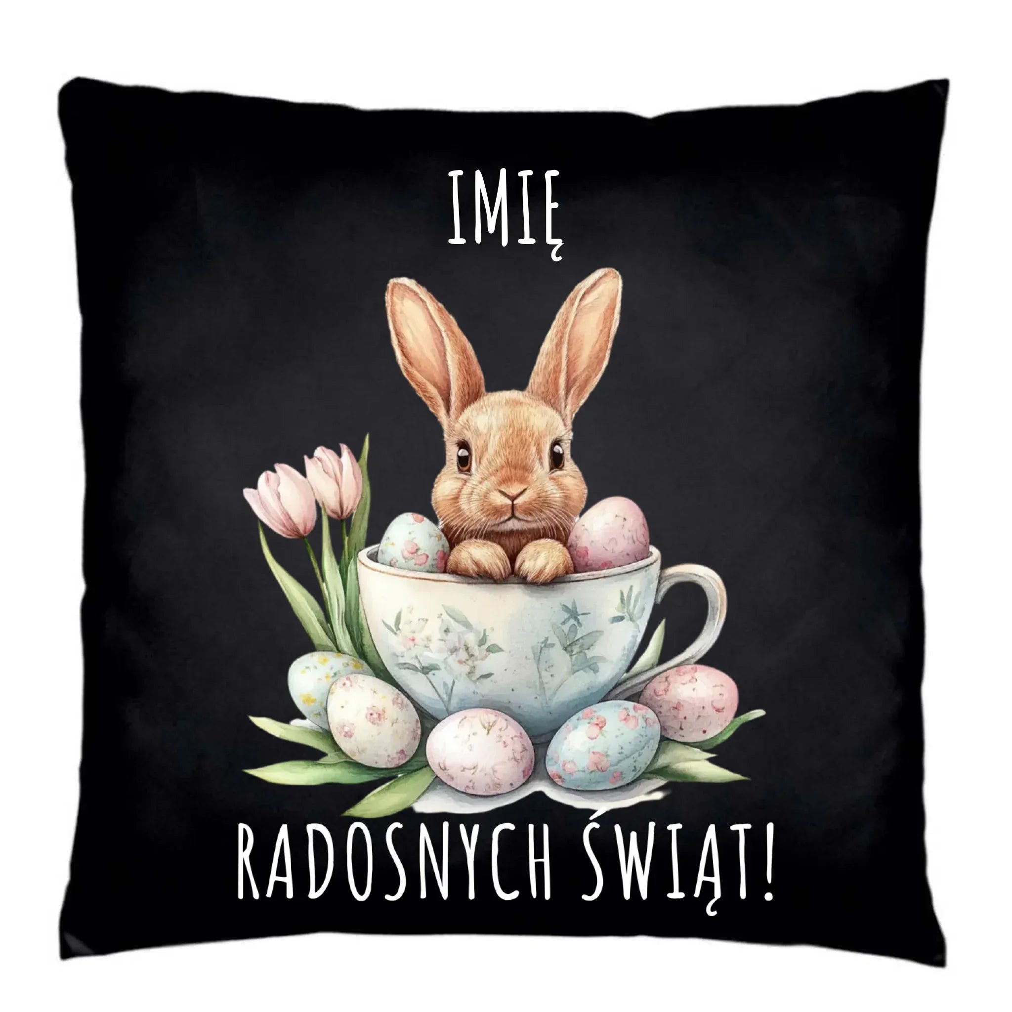 Poduszka dekoracyjna na Wielkanoc - Zajączek radosnych świąt - personalizowana WN01 - StoryCups.pl