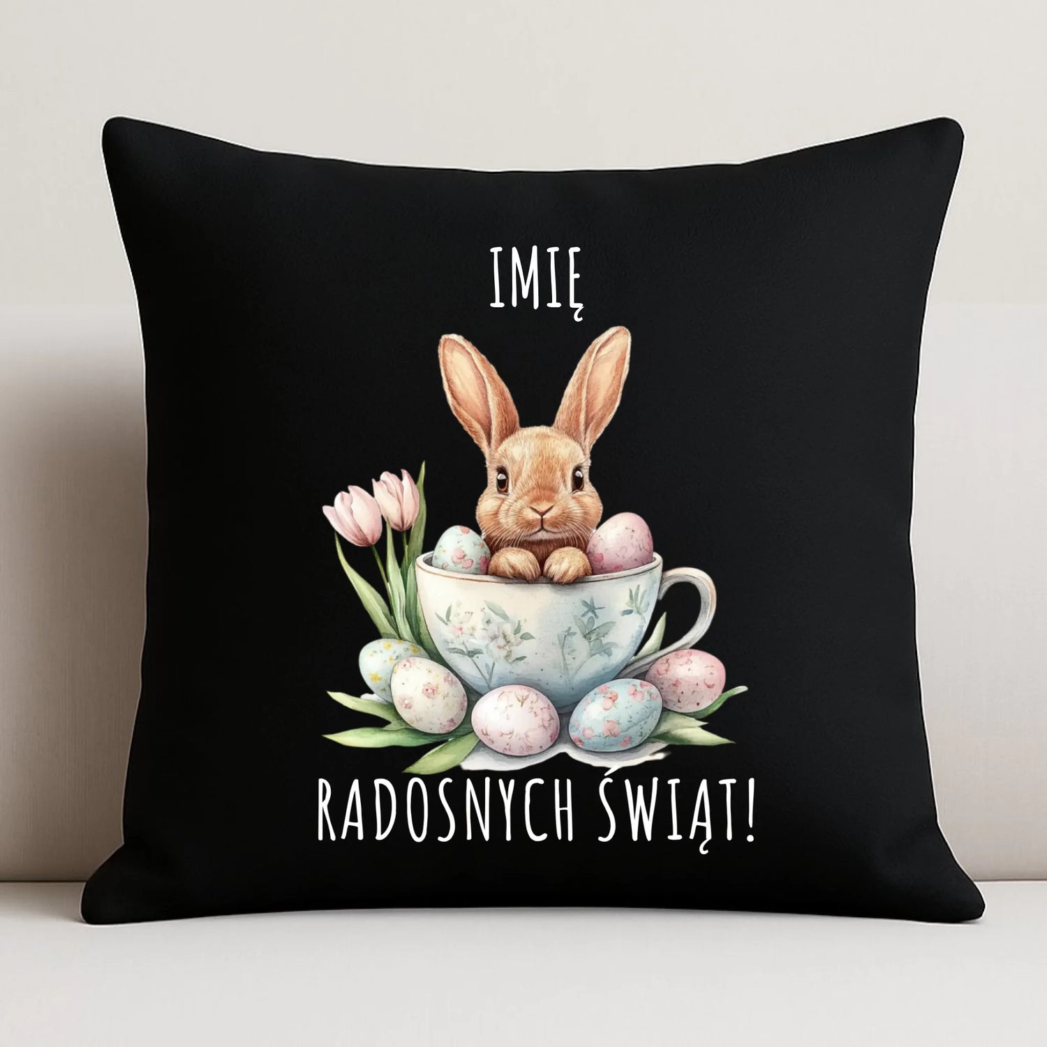 Poduszka dekoracyjna na Wielkanoc - Zajączek radosnych świąt - personalizowana WN01 - StoryCups.pl