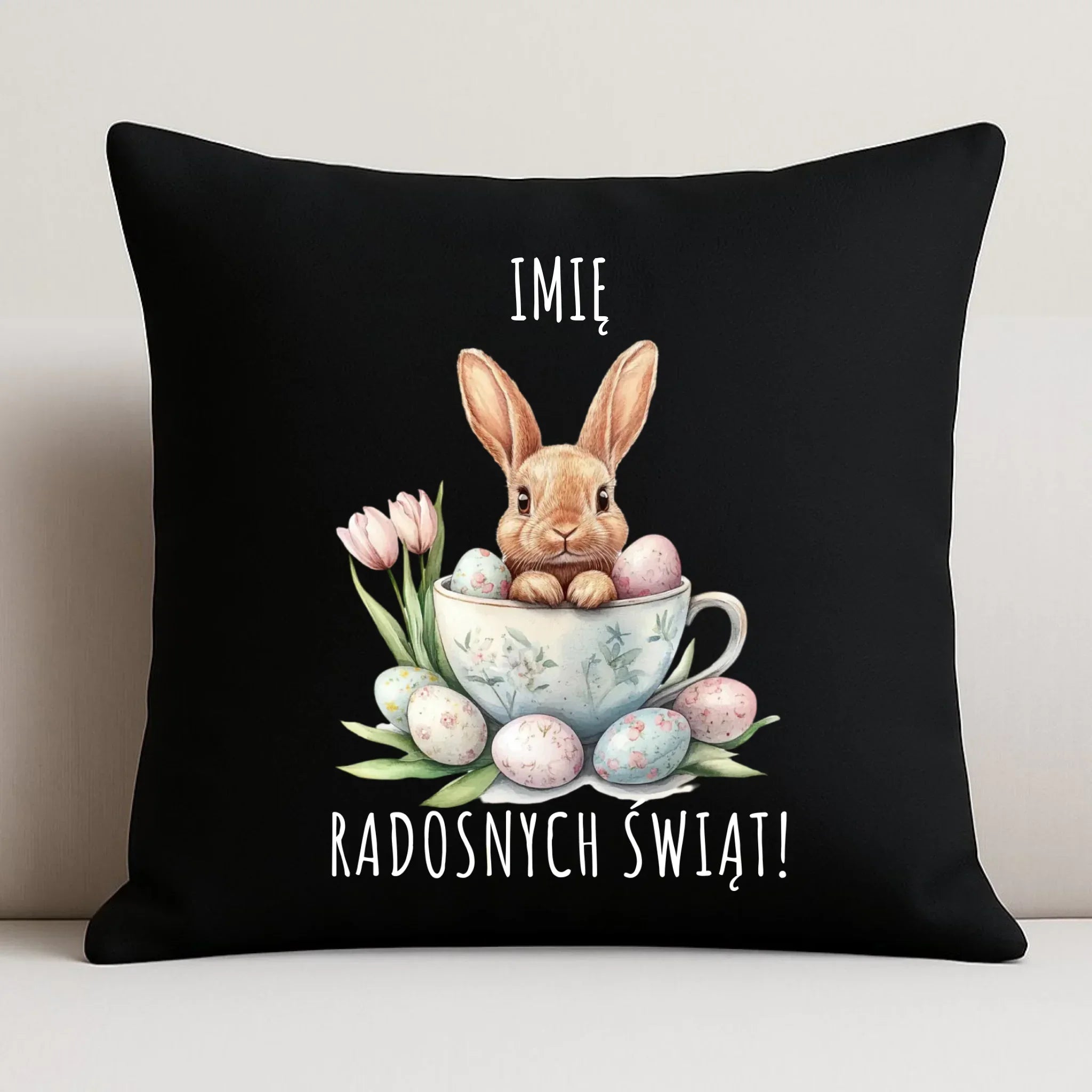 Poduszka dekoracyjna na Wielkanoc - Zajączek radosnych świąt - personalizowana WN01 - StoryCups.pl