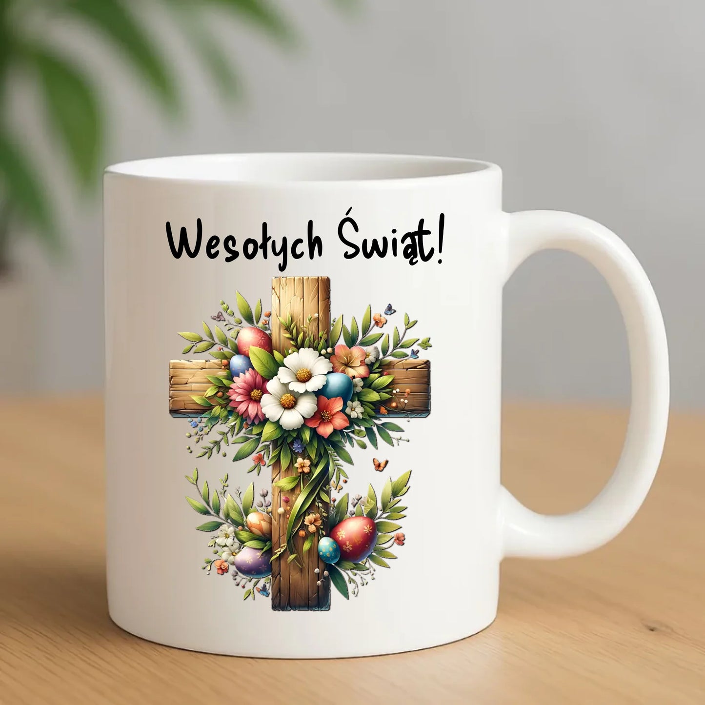 Kubek na Wielkanoc - Krzyż z kwiatami Wesołych Świąt WN02 - StoryCups.pl