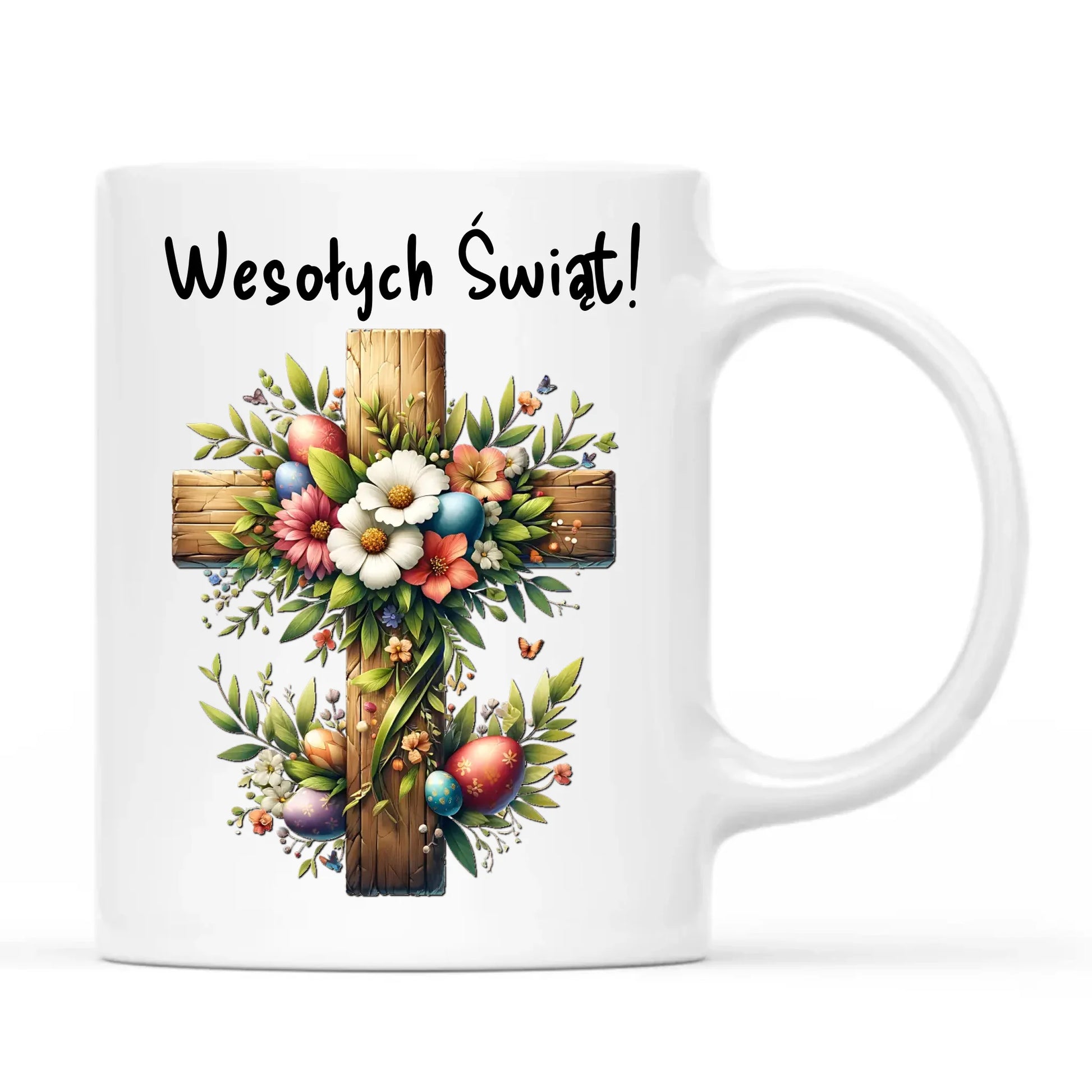 Kubek na Wielkanoc - Krzyż z kwiatami Wesołych Świąt WN02 - StoryCups.pl