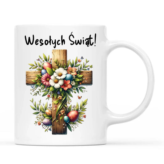 Kubek na Wielkanoc - Krzyż z kwiatami Wesołych Świąt WN02 - StoryCups.pl
