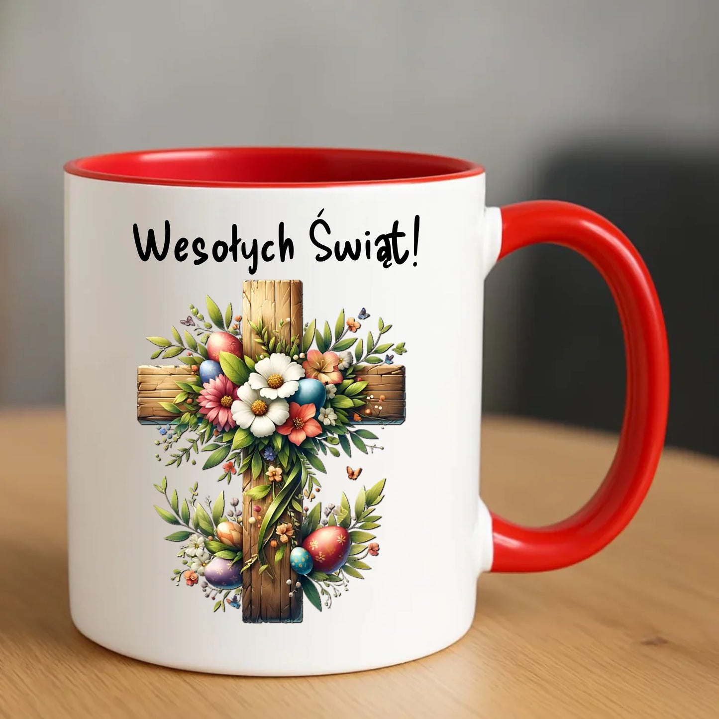 Kubek na Wielkanoc - Krzyż z kwiatami Wesołych Świąt WN02 - StoryCups.pl