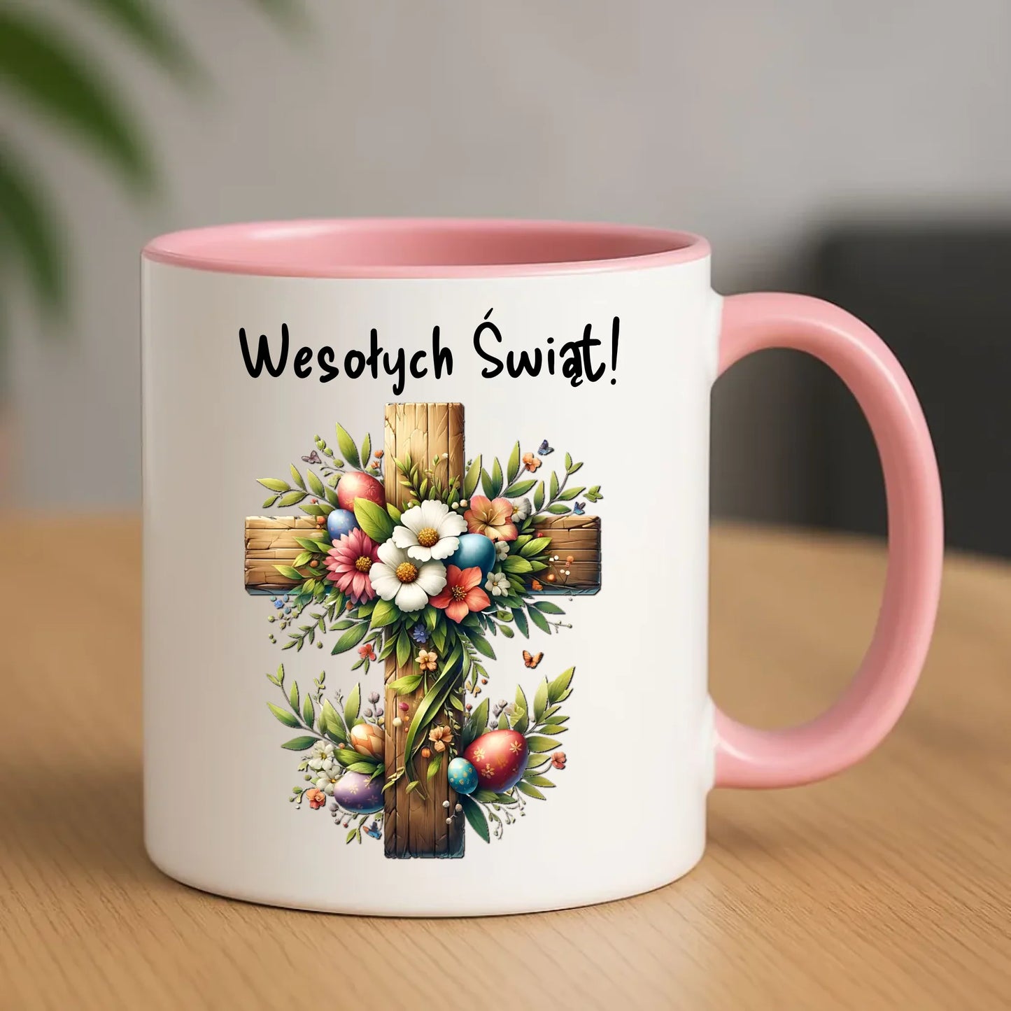 Kubek na Wielkanoc - Krzyż z kwiatami Wesołych Świąt WN02 - StoryCups.pl
