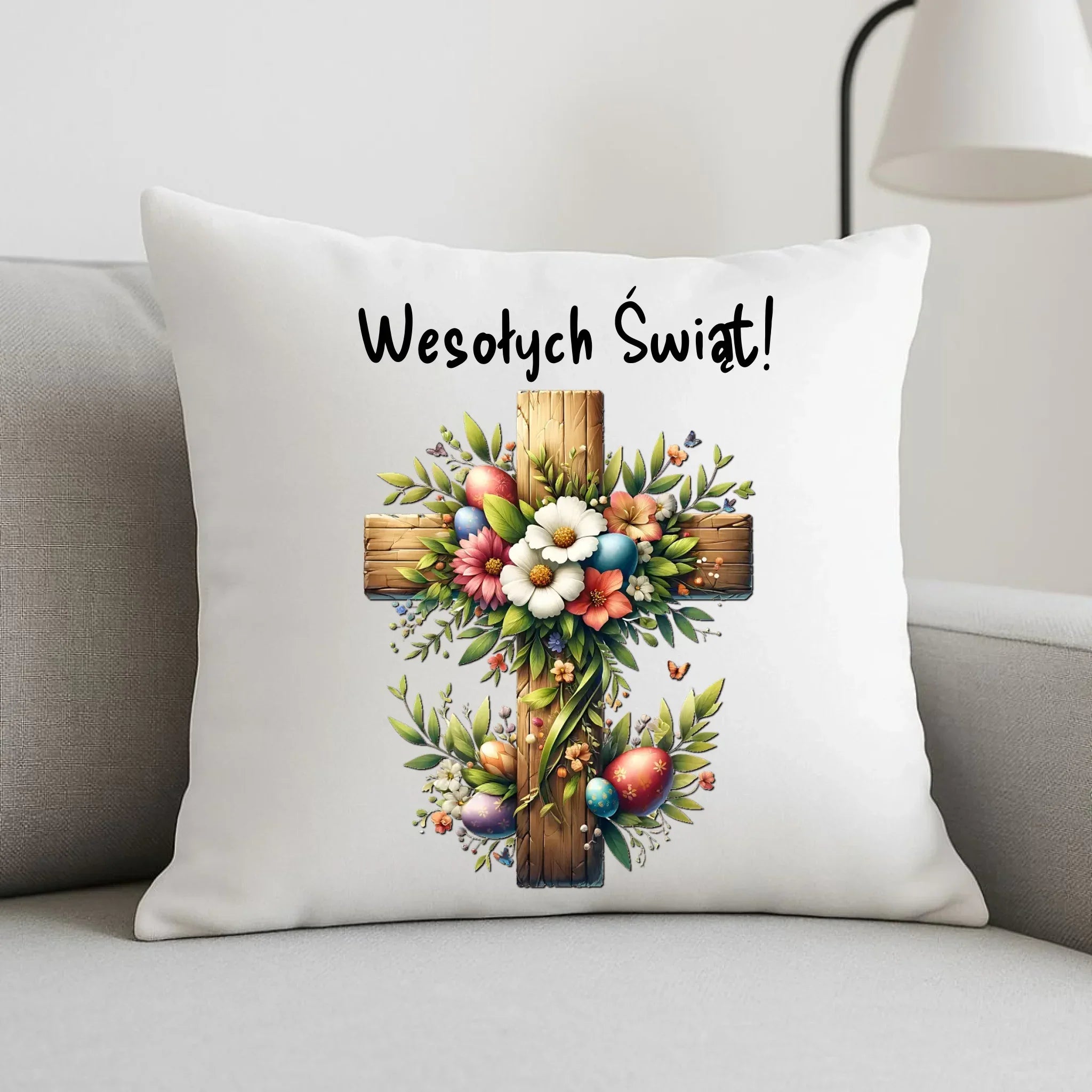 Poduszka na Wielkanoc - Krzyż z kwiatami Wesołych Świąt WN02 - StoryCups.pl