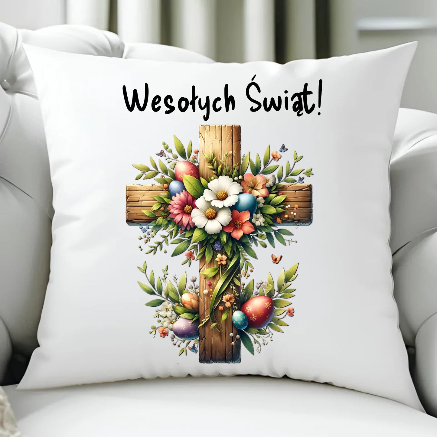 Poduszka na Wielkanoc - Krzyż z kwiatami Wesołych Świąt WN02 - StoryCups.pl