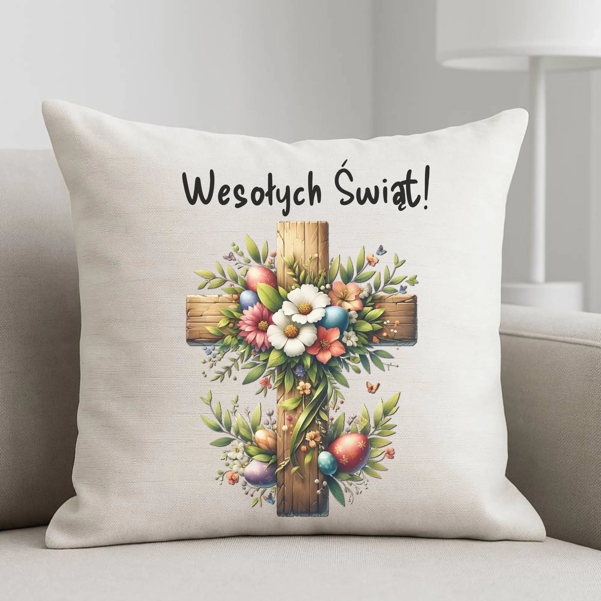 Poduszka na Wielkanoc - Krzyż z kwiatami Wesołych Świąt WN02 - StoryCups.pl