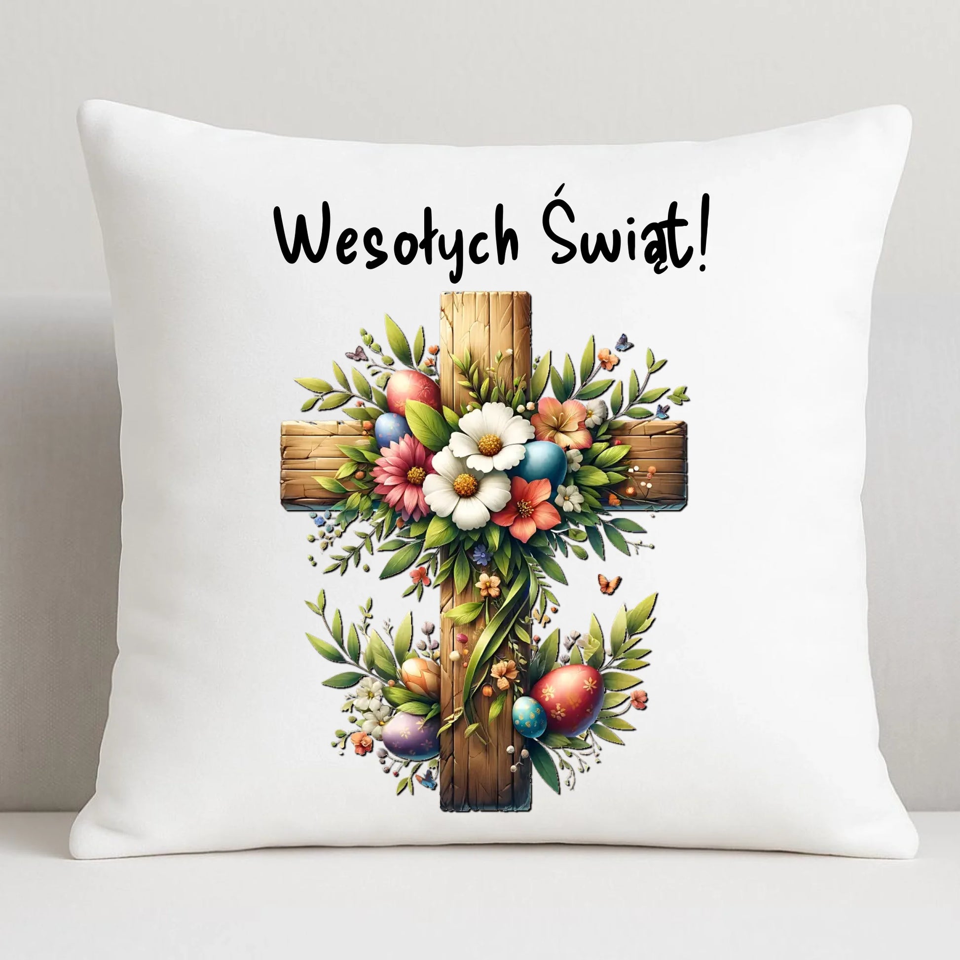 Poduszka na Wielkanoc - Krzyż z kwiatami Wesołych Świąt WN02 - StoryCups.pl