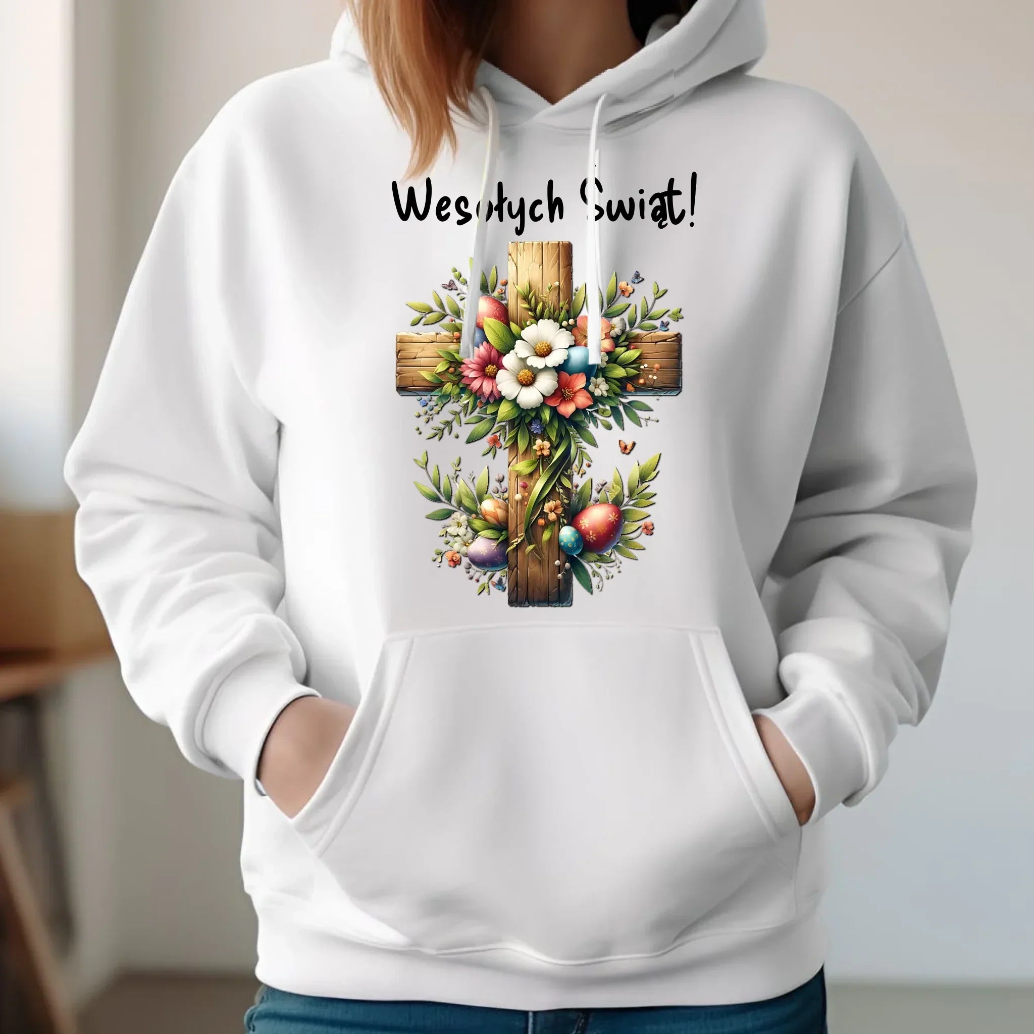 Bluza damska z kapturem na Wielkanoc - Krzyż z kwiatami Wesołych Świąt WN02 - StoryCups.pl