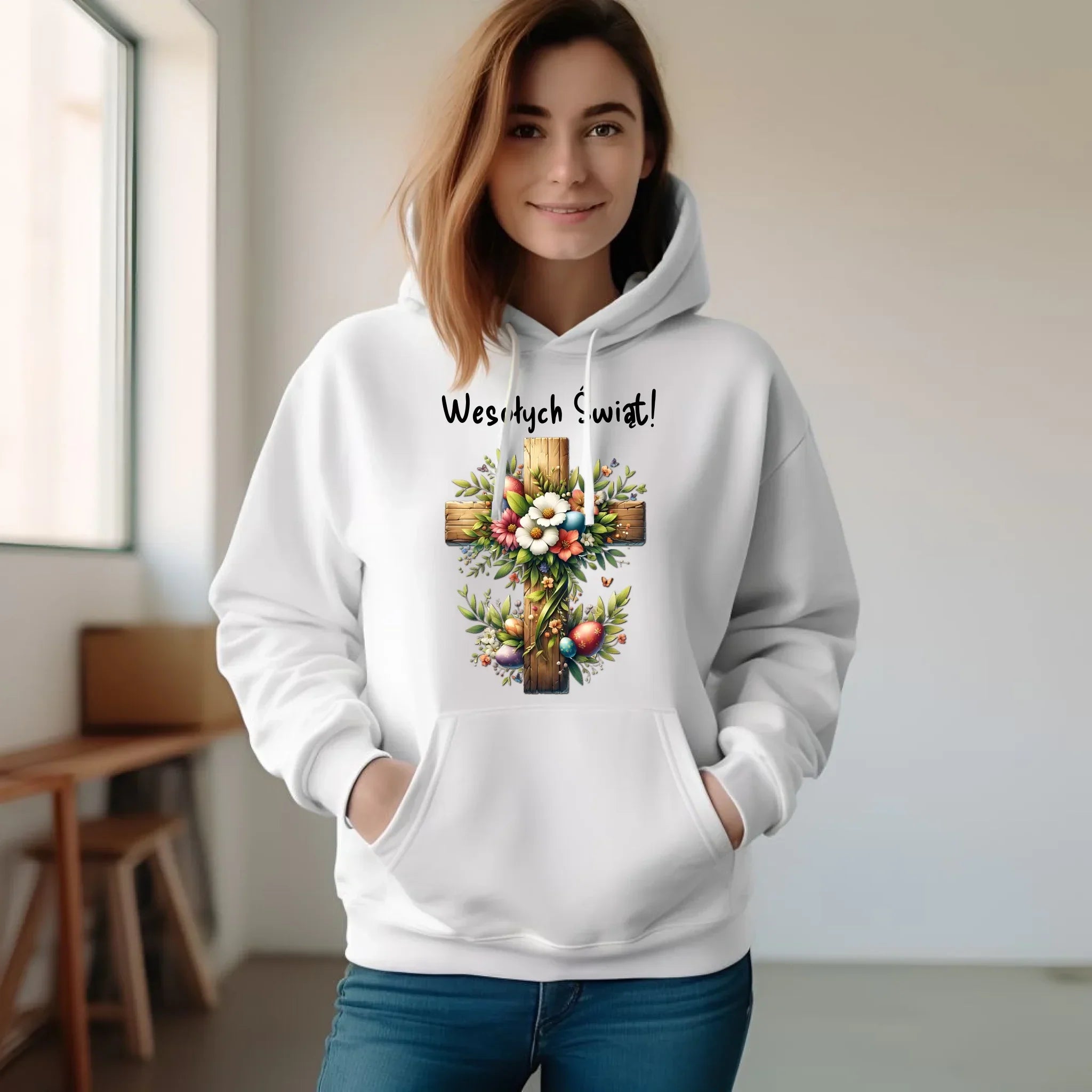 Bluza damska z kapturem na Wielkanoc - Krzyż z kwiatami Wesołych Świąt WN02 - StoryCups.pl