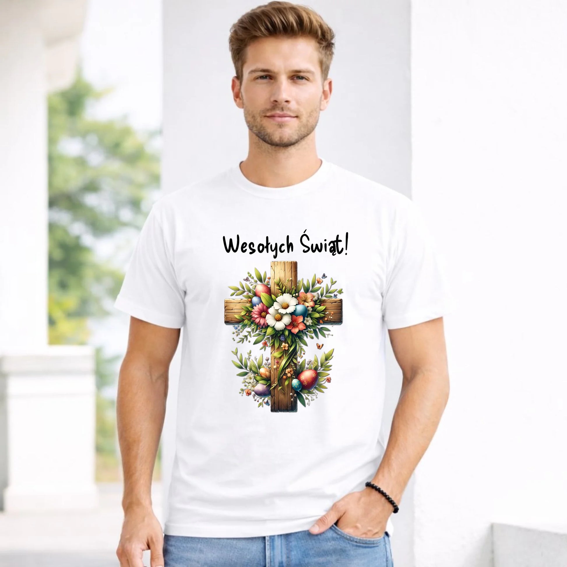 Koszulka męska na Wielkanoc - Krzyż z kwiatami Wesołych Świąt WN02 - StoryCups.pl