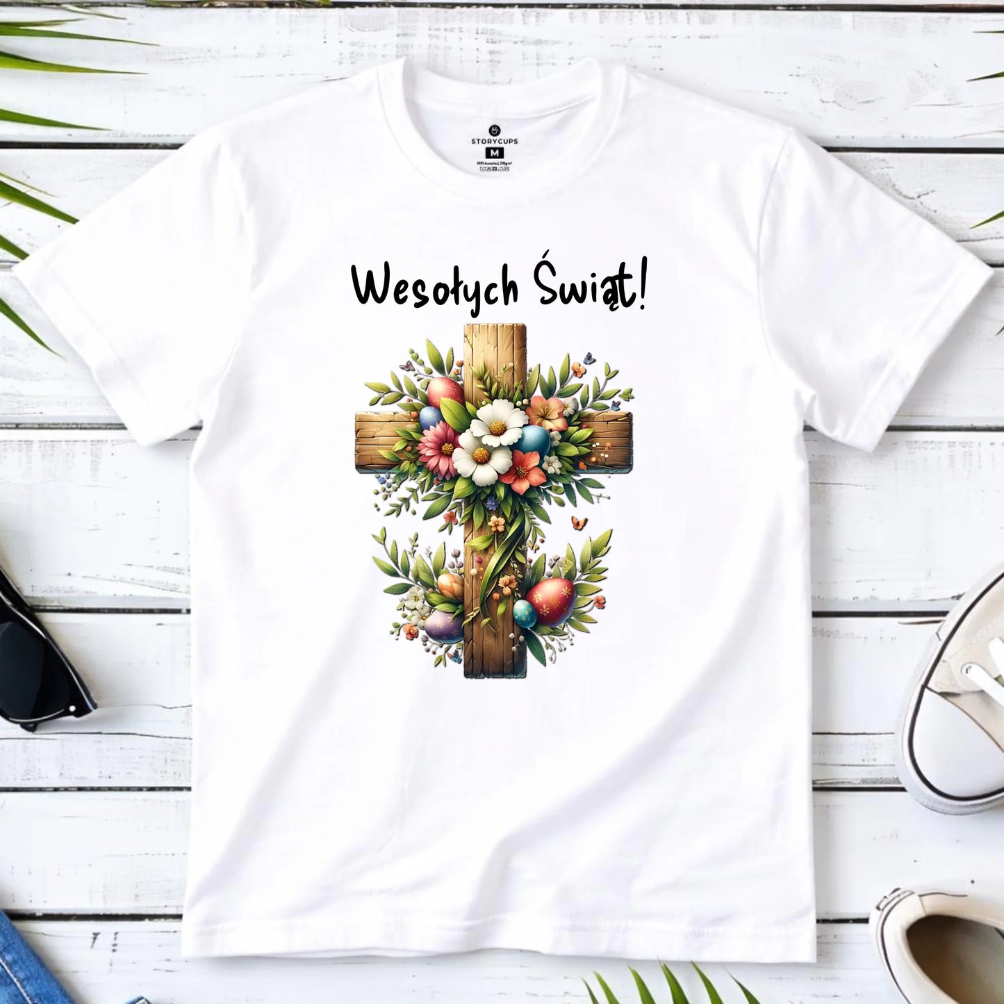 Koszulka męska na Wielkanoc - Krzyż z kwiatami Wesołych Świąt WN02 - StoryCups.pl