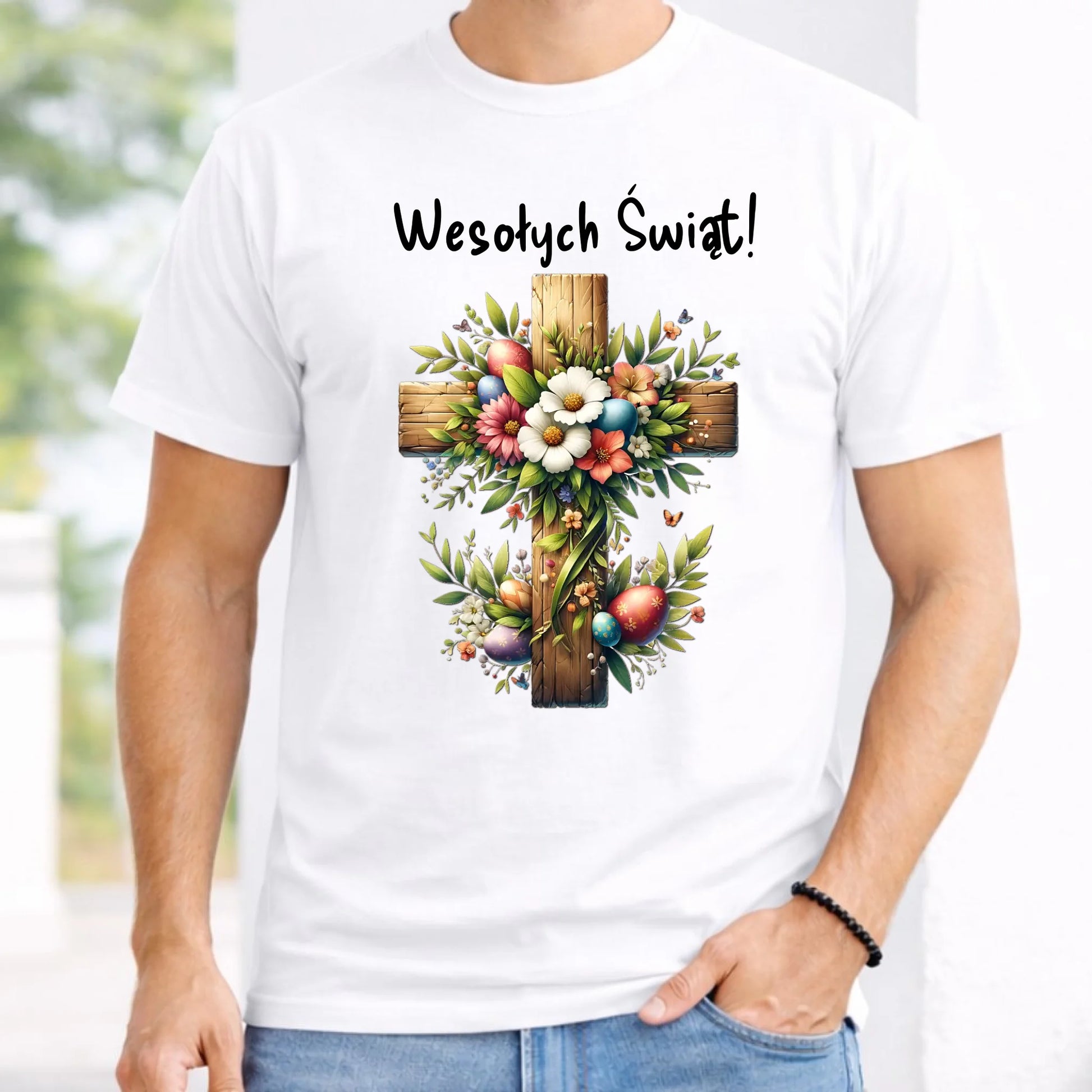 Koszulka męska na Wielkanoc - Krzyż z kwiatami Wesołych Świąt WN02 - StoryCups.pl
