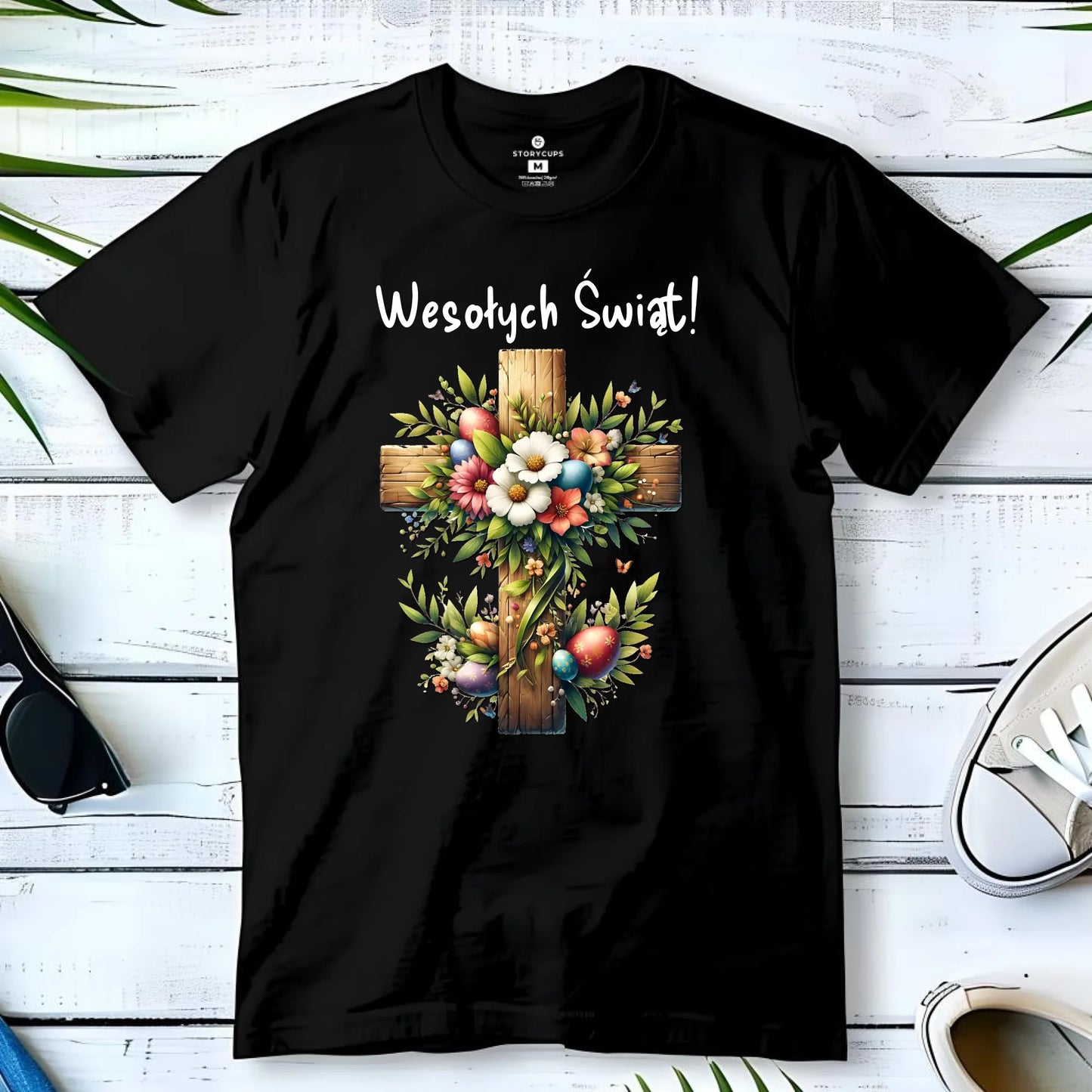 Koszulka męska na Wielkanoc - Krzyż z kwiatami Wesołych Świąt WN02 - StoryCups.pl