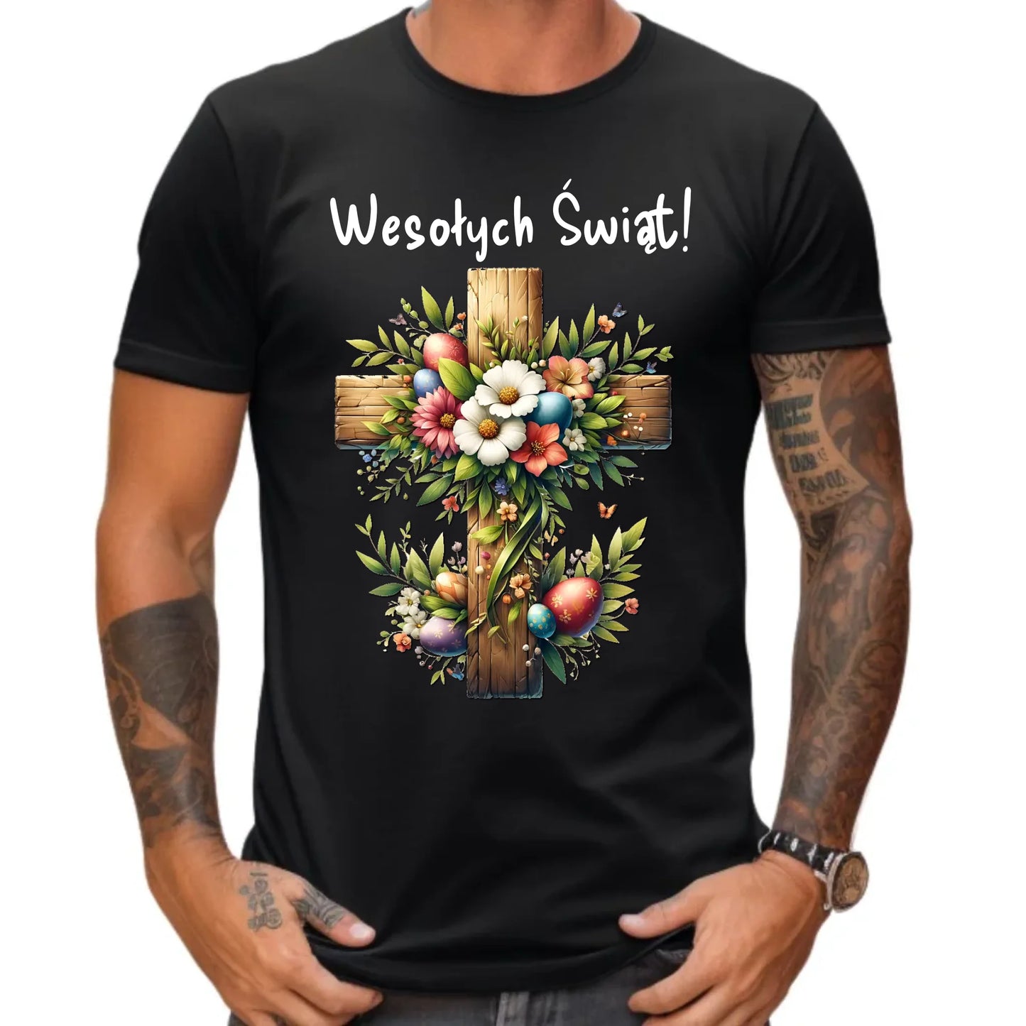 Koszulka męska na Wielkanoc - Krzyż z kwiatami Wesołych Świąt WN02 - StoryCups.pl