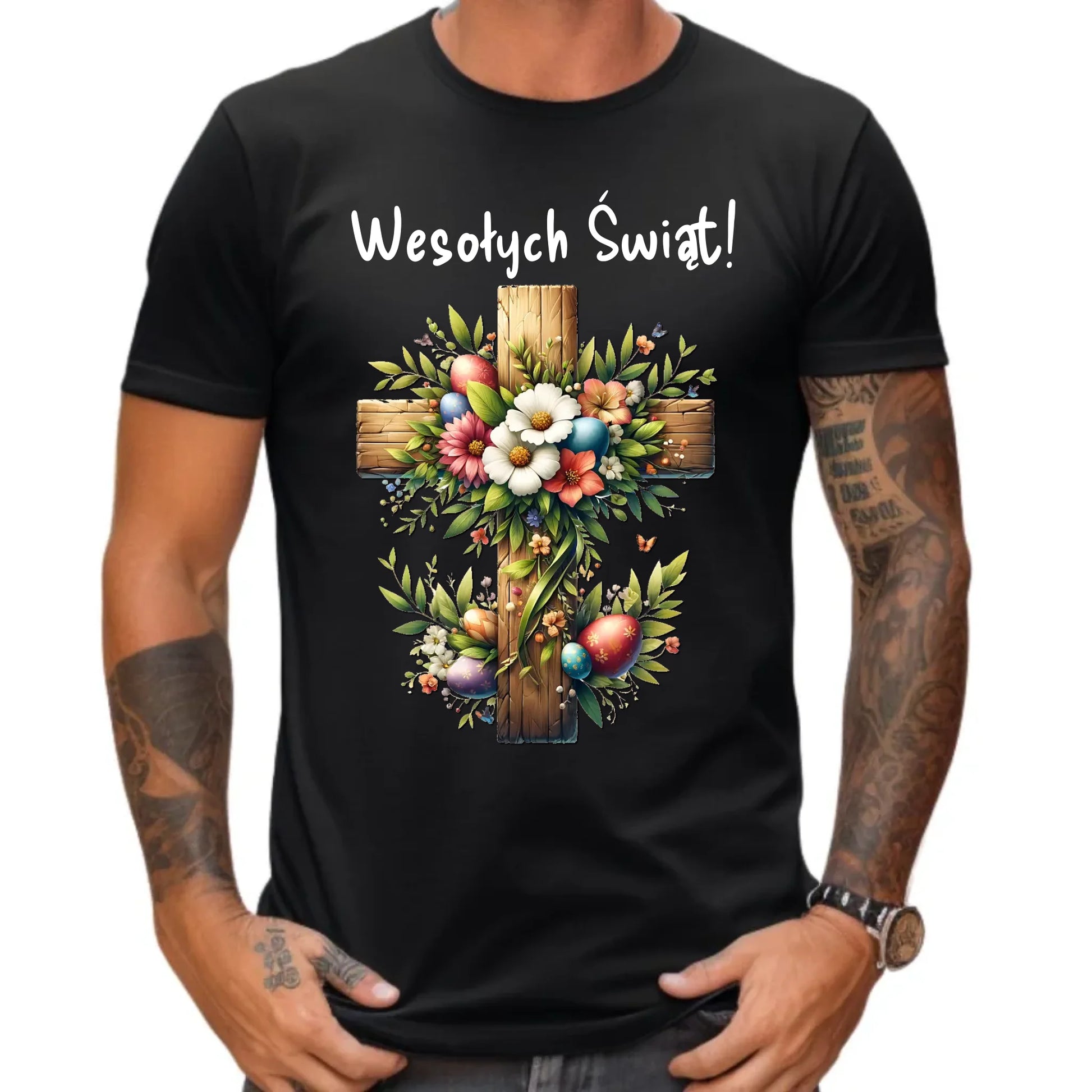Koszulka męska na Wielkanoc - Krzyż z kwiatami Wesołych Świąt WN02 - StoryCups.pl