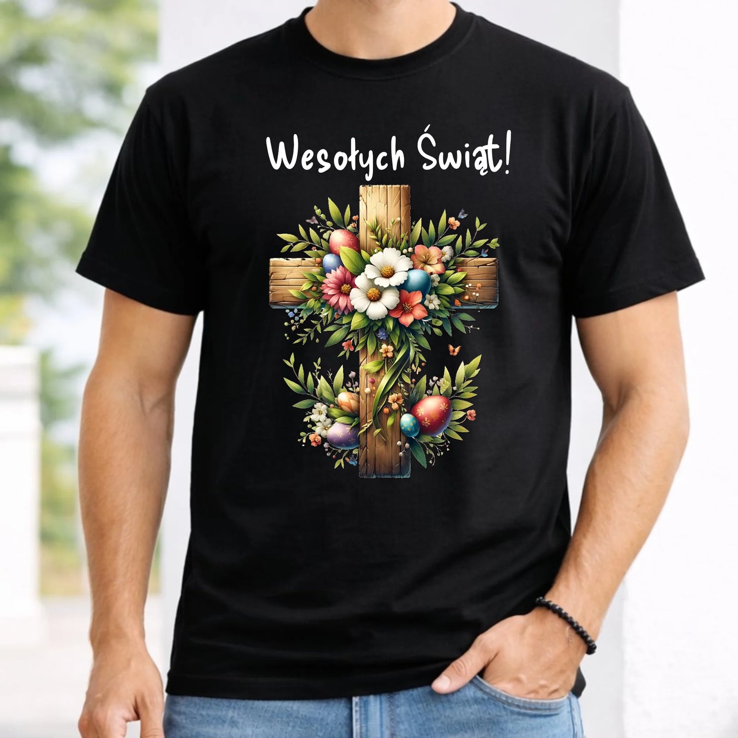 Koszulka męska na Wielkanoc - Krzyż z kwiatami Wesołych Świąt WN02 - StoryCups.pl