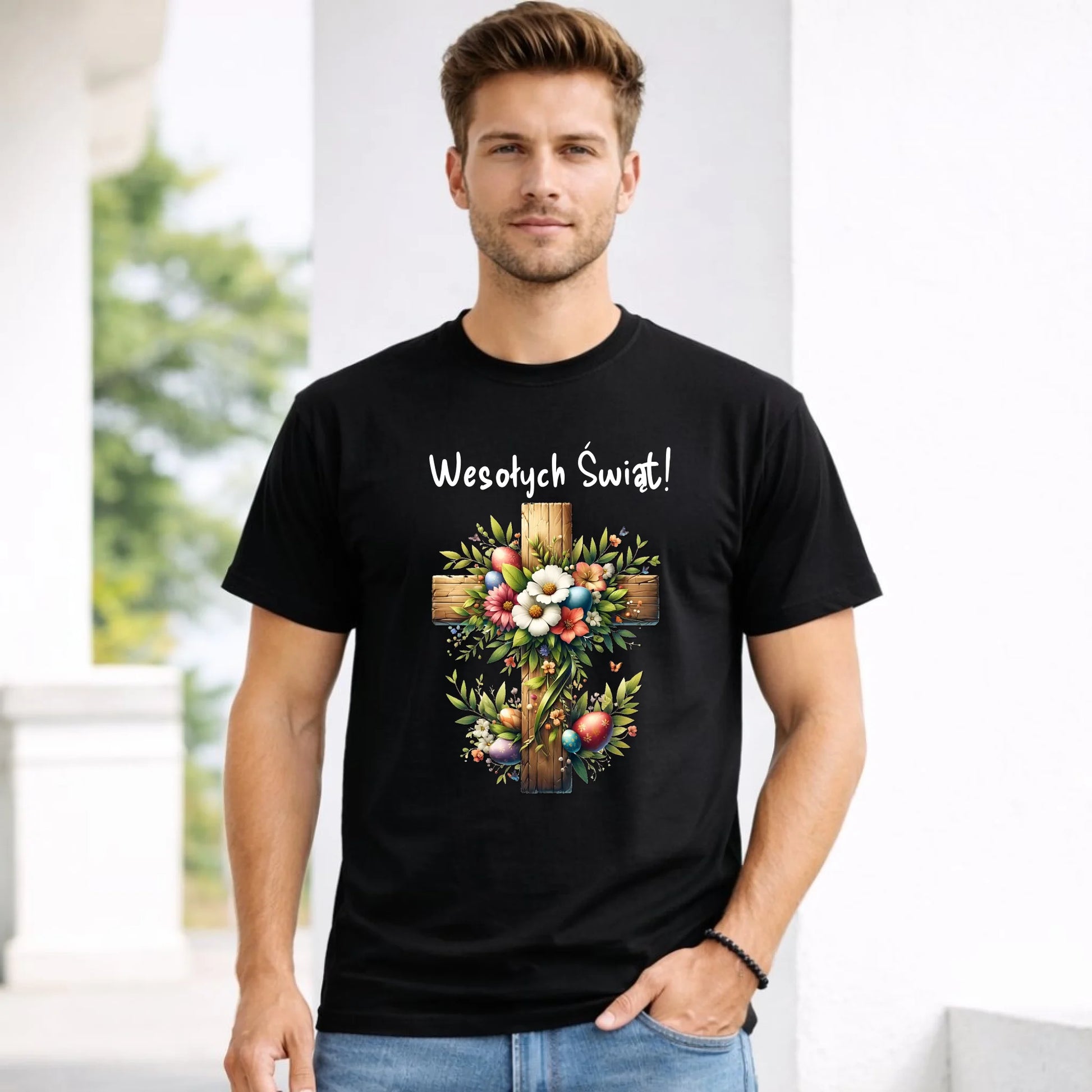 Koszulka męska na Wielkanoc - Krzyż z kwiatami Wesołych Świąt WN02 - StoryCups.pl