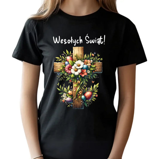 Koszulka dziecięca na Wielkanoc - Krzyż z kwiatami Wesołych Świąt WN02 - StoryCups.pl