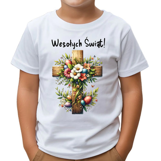 Koszulka dziecięca na Wielkanoc - Krzyż z kwiatami Wesołych Świąt WN02 - StoryCups.pl