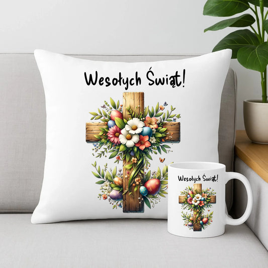 Zestaw poduszka i kubek na Wielkanoc - Krzyż z kwiatami Wesołych Świąt WN02 - StoryCups.pl