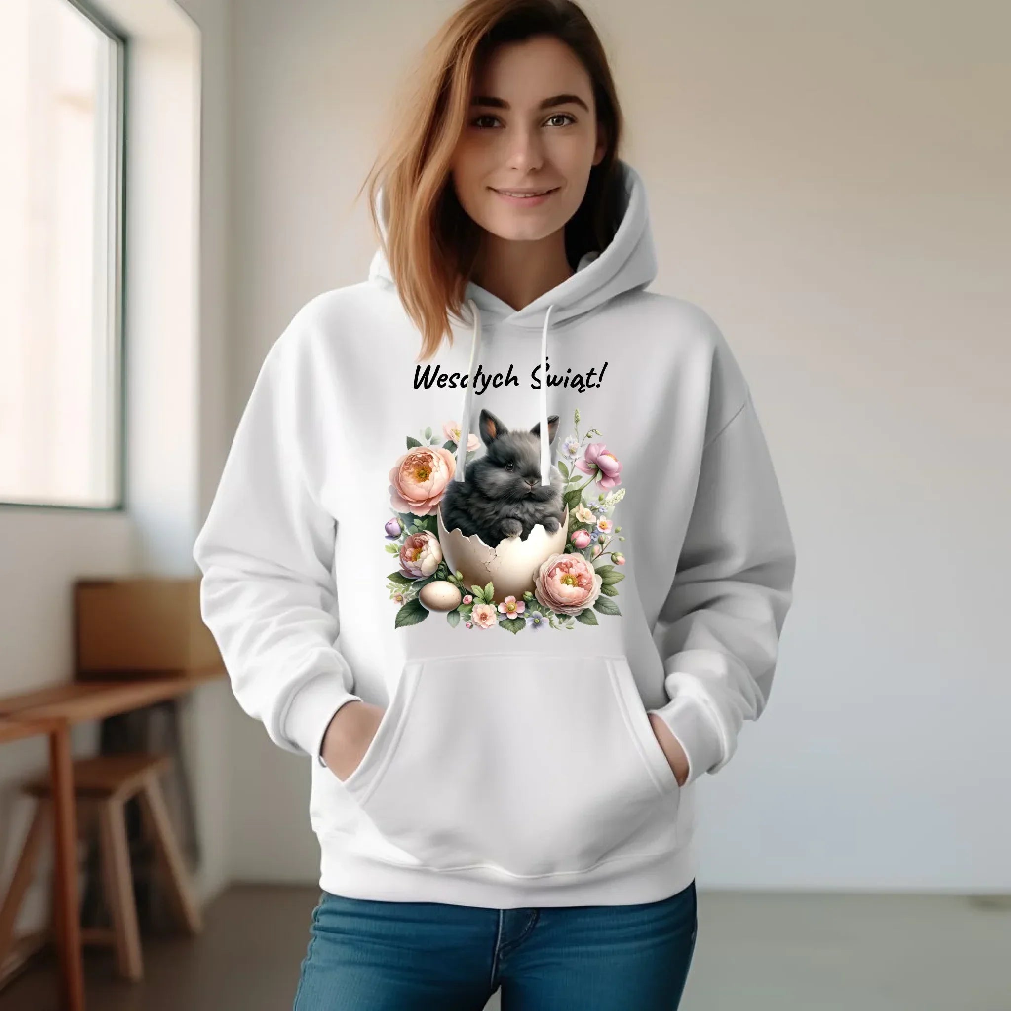 Bluza damska z kapturem na Wielkanoc - Zajączek w pisance Wesołych Świąt WN03 - StoryCups.pl