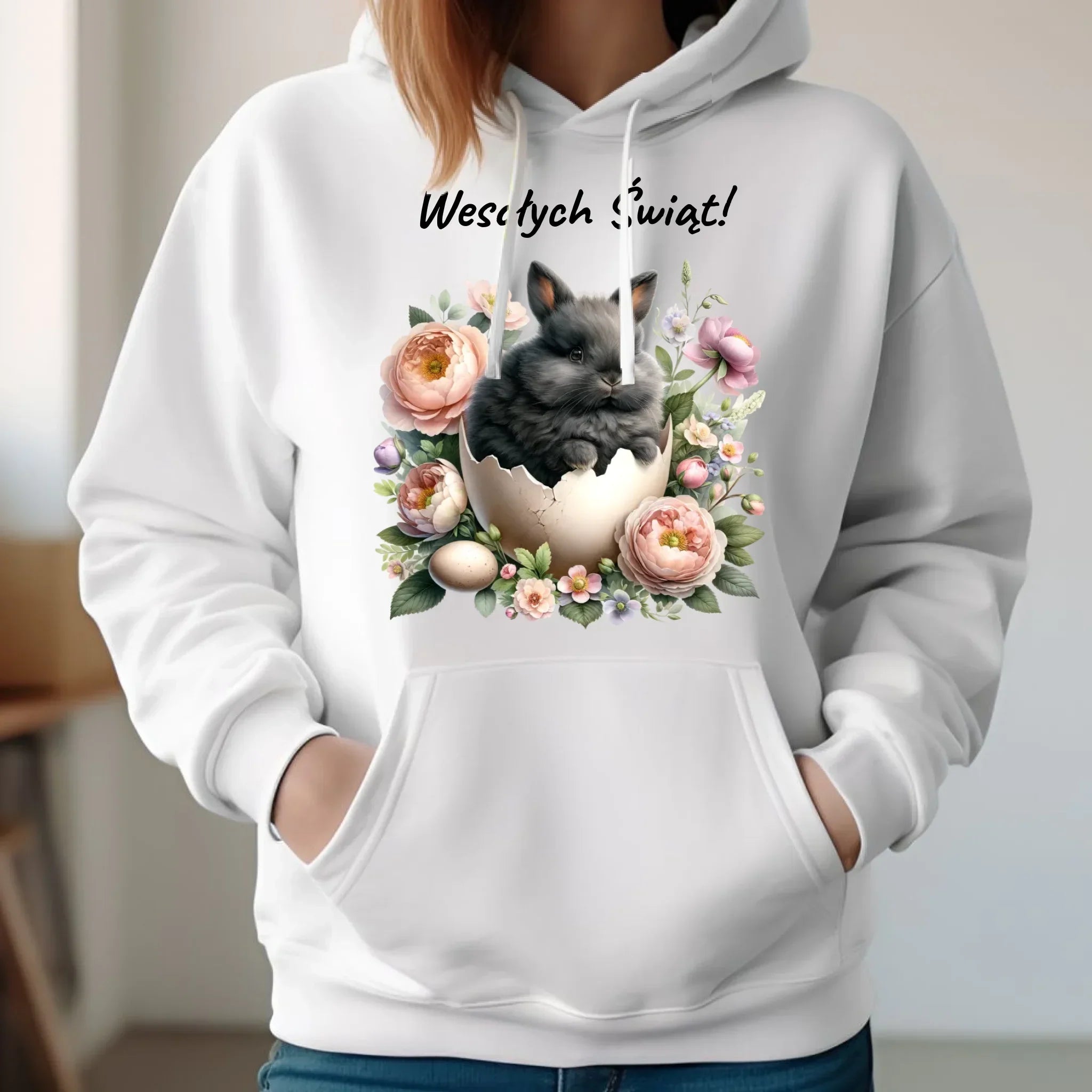 Bluza damska z kapturem na Wielkanoc - Zajączek w pisance Wesołych Świąt WN03 - StoryCups.pl